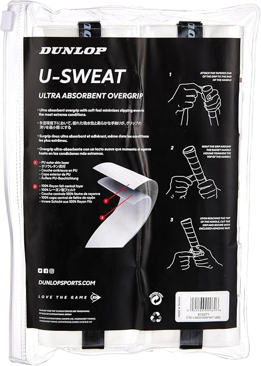 Dunlop Sports U-Sweat Tennis/Squash/Badminton/Padel OVERGRIP (3-Pack, 12-Pack, 30-Pack Roll) (Black & White Colors) (Super Absorbent, Moisture Wicking Construction, Comfortable, Cushioned Surface)
