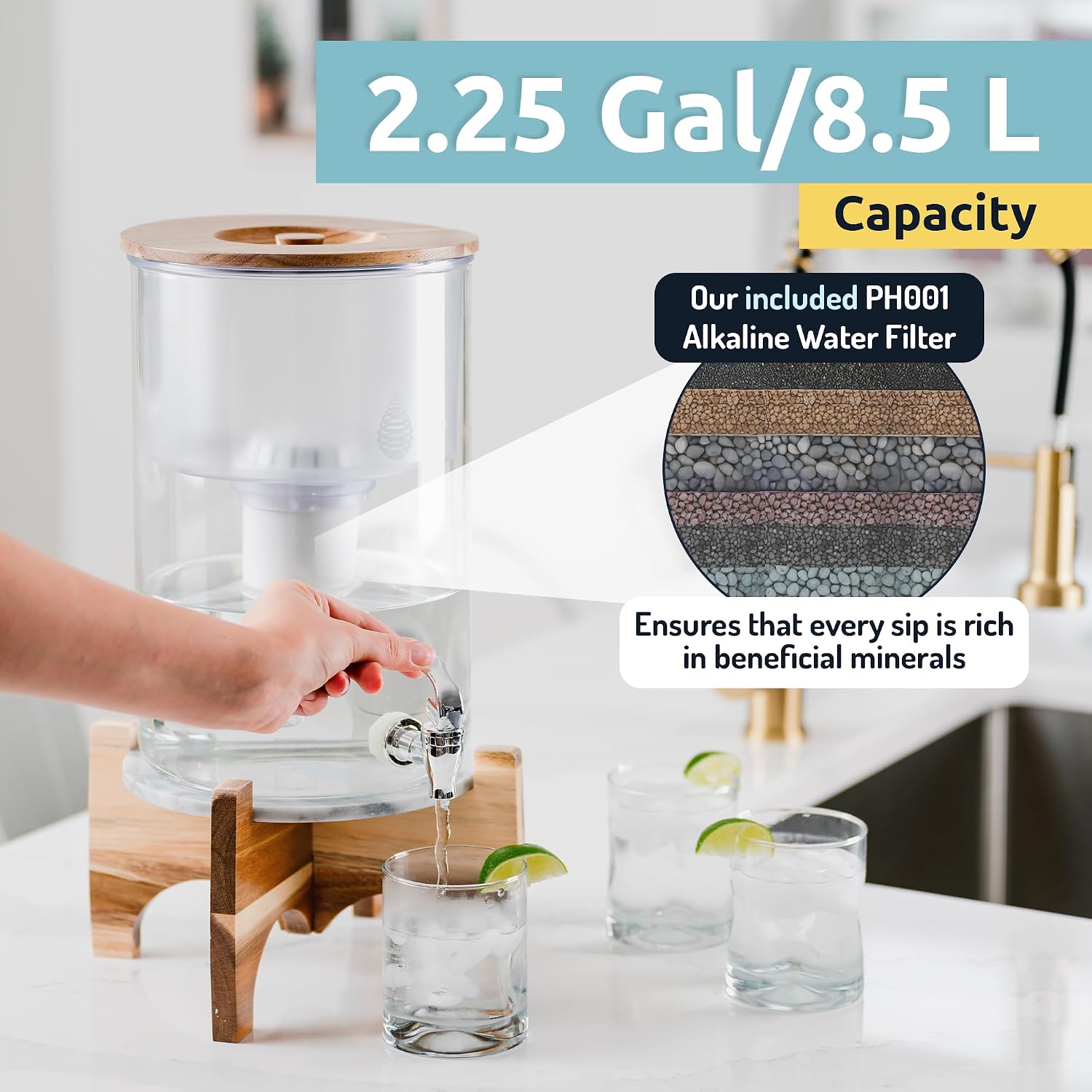 Invigorated Water pH Recharge Glass Alkaline Water Dispenser Filter System - Countertop Purifier Pitcher for Home and Office - High pH Pure Drinking Water Filtration - 36 Cups (Acacia Marble Set)