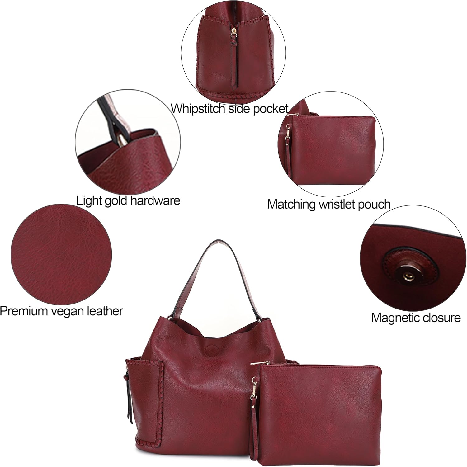Large Vegan Leather Hobo Bag for Women Slouchy Shoulder Purse with Matching Wristlet Pouch