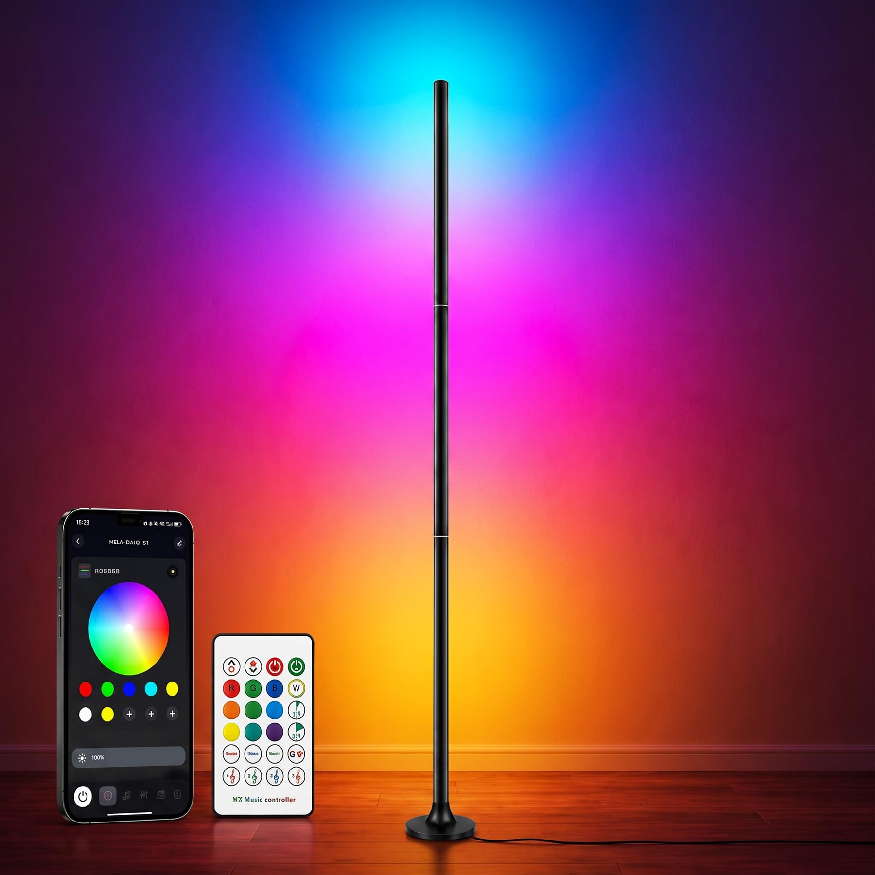 sylvwin Smart RGB Corner Floor Lamp with App & Remote,120cm, 16 Million Colours & 100+ Dynamic Modes, Music Sync Colour Changing Standing Light for Living Room, Bedroom, Gaming Room