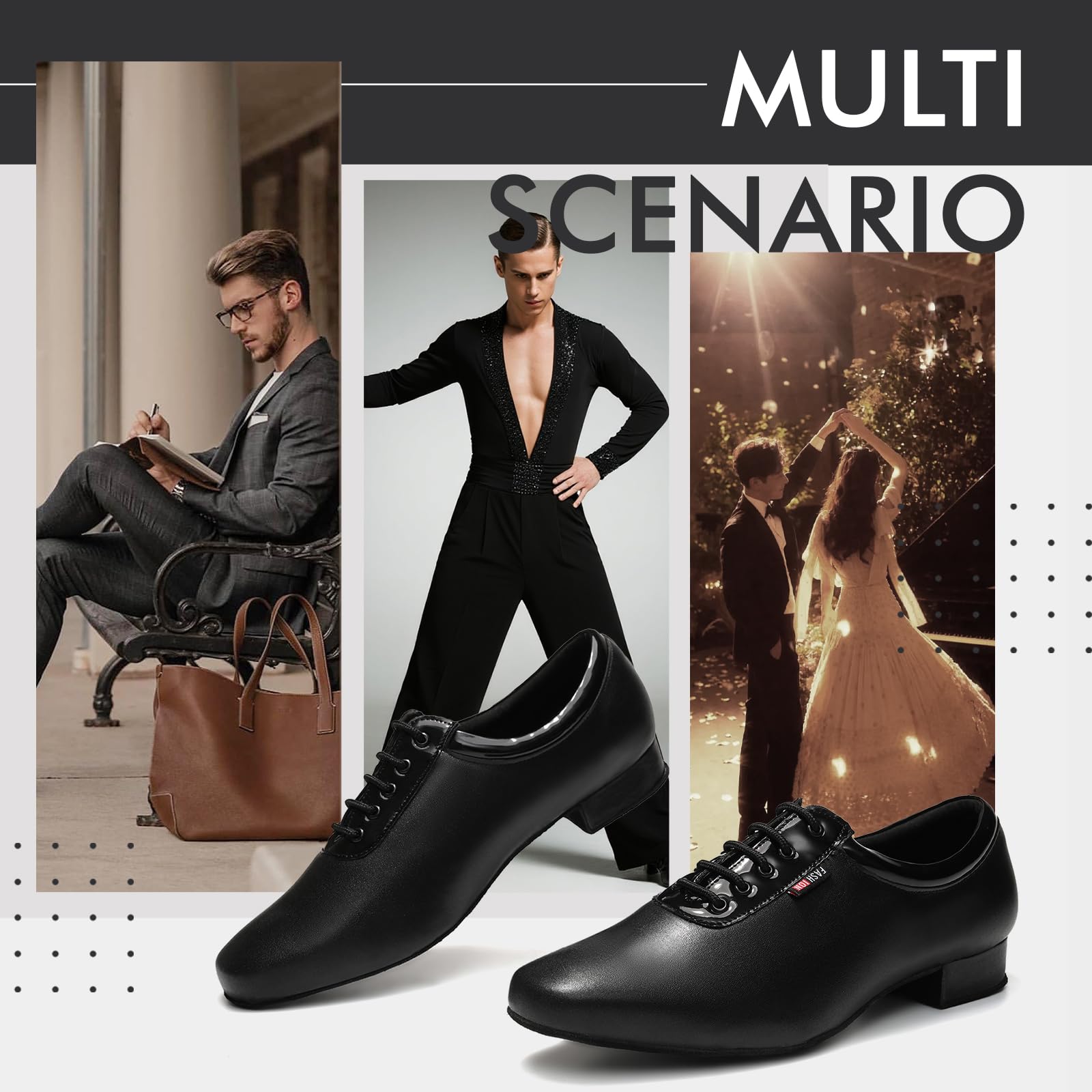 Zapatos de Baile Latino Hombre Negro Cordones Salsa Salón Tacon Bajo