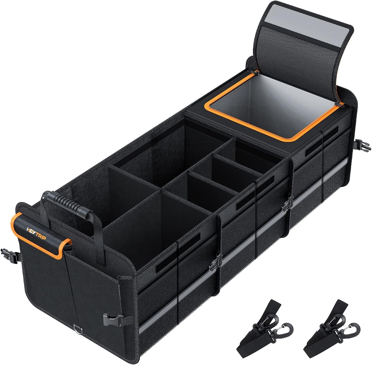 Large Trunk Organizer With Built-in Leakproof Cooler Bag, 2 Tie-Down Straps, 4 Removable Dividers, Foldable Cover, Built with 2mm PE Board