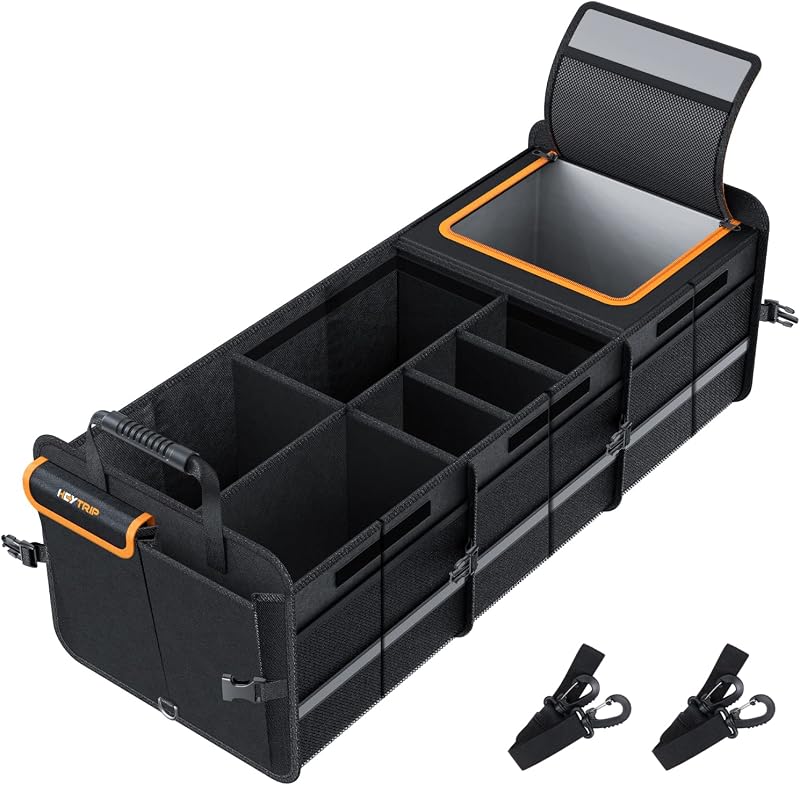 Large Trunk Organizer With Built-in Leakproof Cooler Bag, 2 Tie-Down Straps, 4 Removable Dividers, Foldable Cover, Built with 2mm PE Board