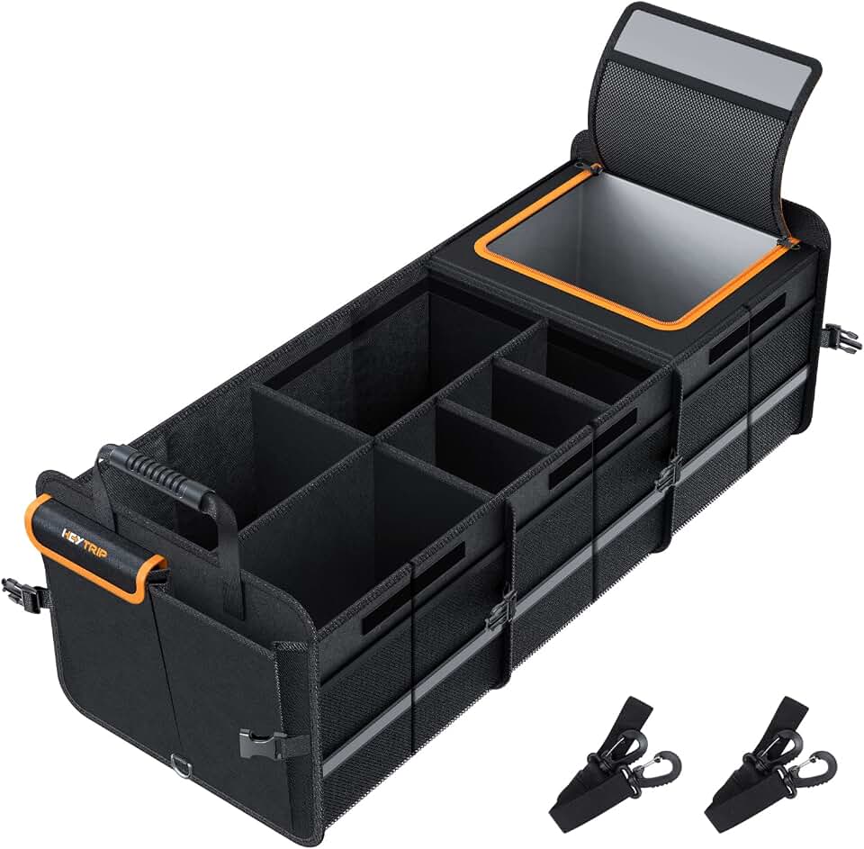 HEYTRIP Large Trunk Organizer with Built-in Leakproof Cooler Bag, Black | Foldable Cover, 4 Removable Dividers for Custom Space, 2 Tie-down Straps, 2mm PE Board, Car Storage Organizer for SUV Sendan
