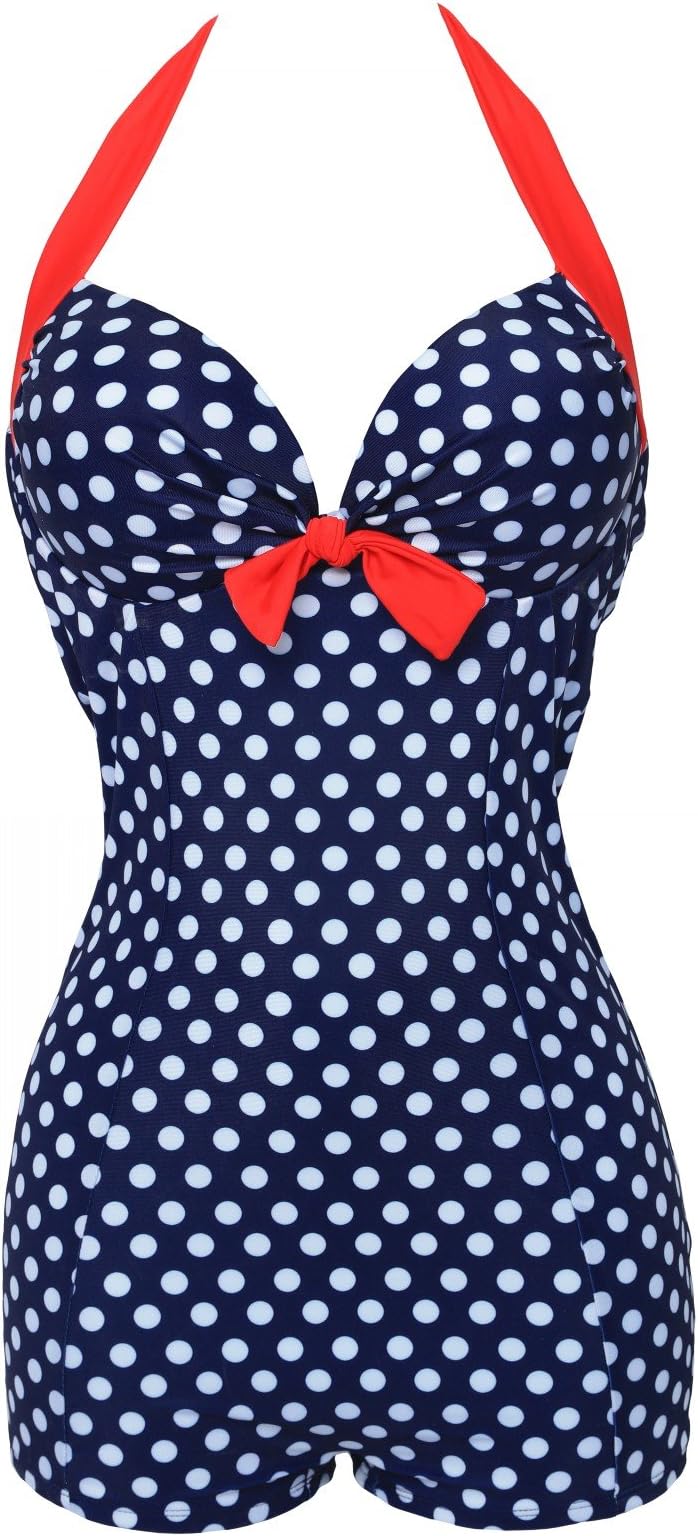 Women Boy-Leg Maillot Conservative One-Piece Swimsuits Polka Bikini Blue Medium