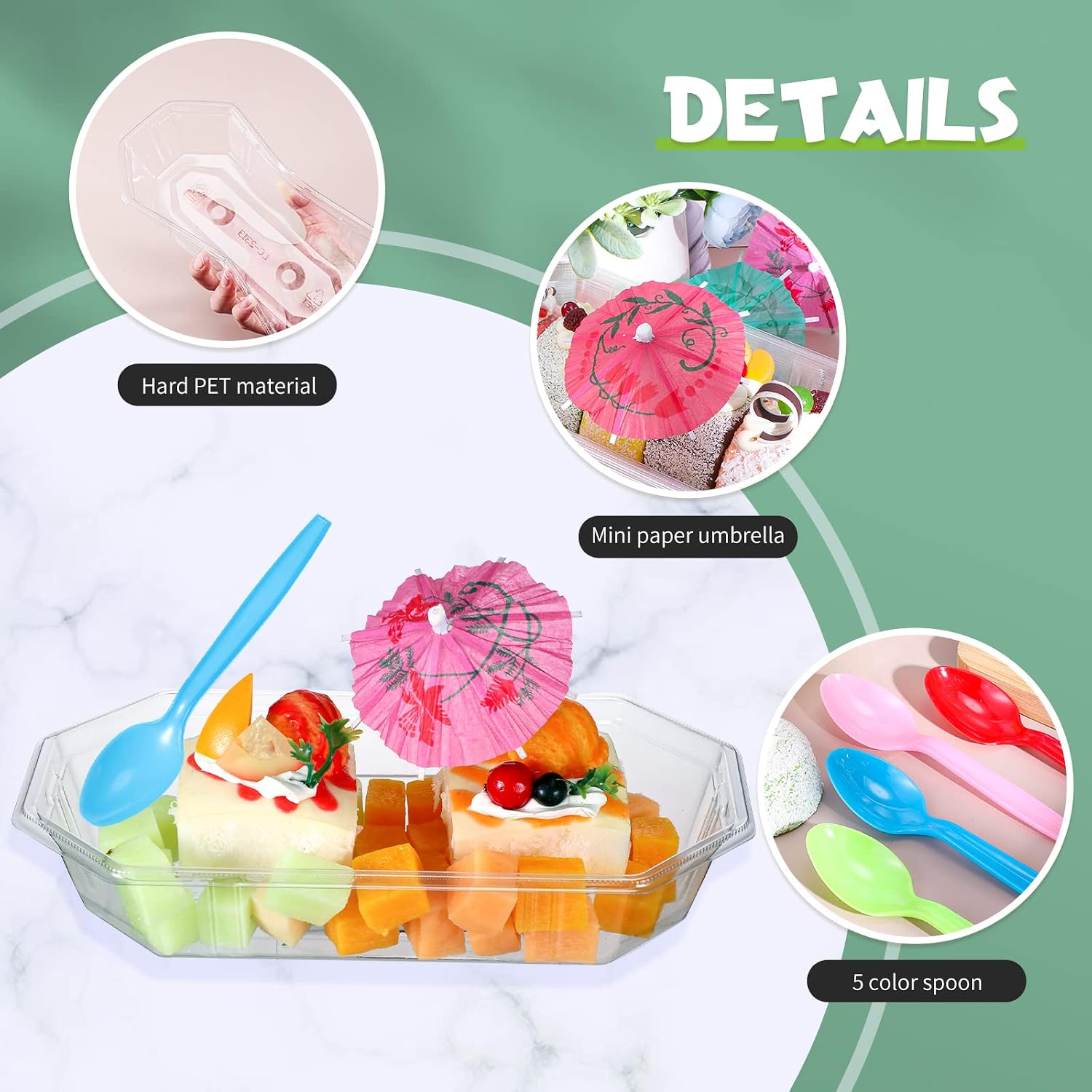Sabary 200 Pack Ice Cream Sundae Bar Supplies Include 50 Pcs Plastic 12 oz Banana Split Boat 50 Pcs Paper Umbrella and 100 Pcs Spoon Disposable Ice Cream Topping Bar Kit for Dessert Parties Serving