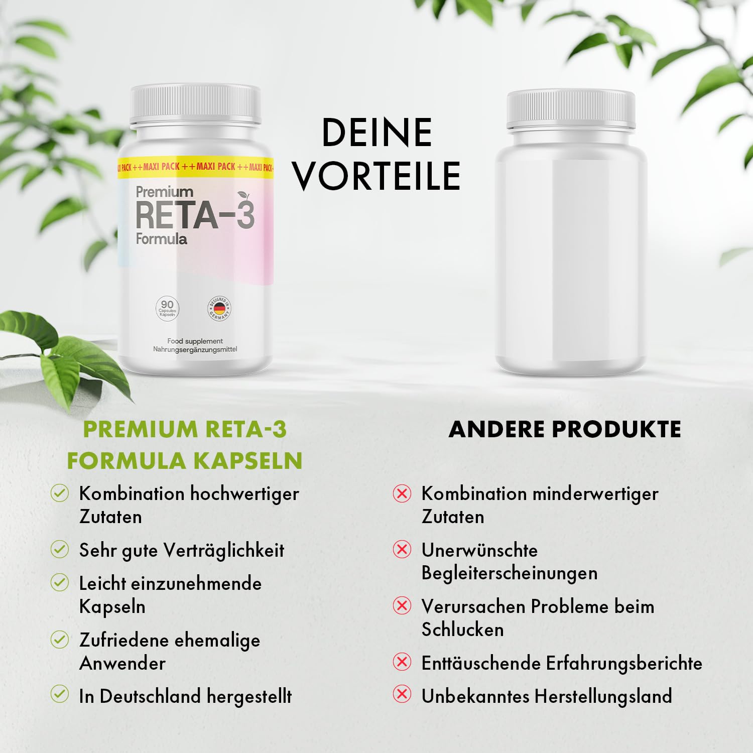 Premium Reta-3 Formula Kapseln | Mit Apfelessigpulver | 90 Kapseln Inhalt