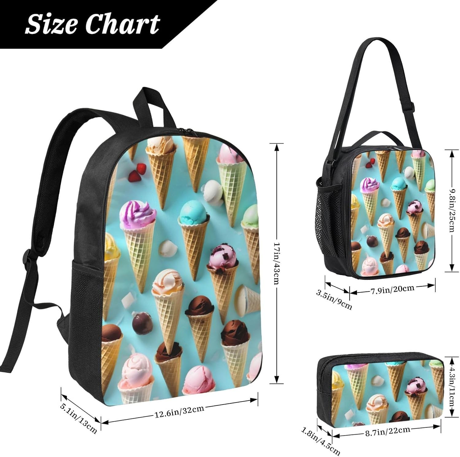Ice Cream Cones print Shoulder Bookbags Lunch Bag and Pen Case 17 inches Backpack with Lunch Box, Cute Bookbag Set