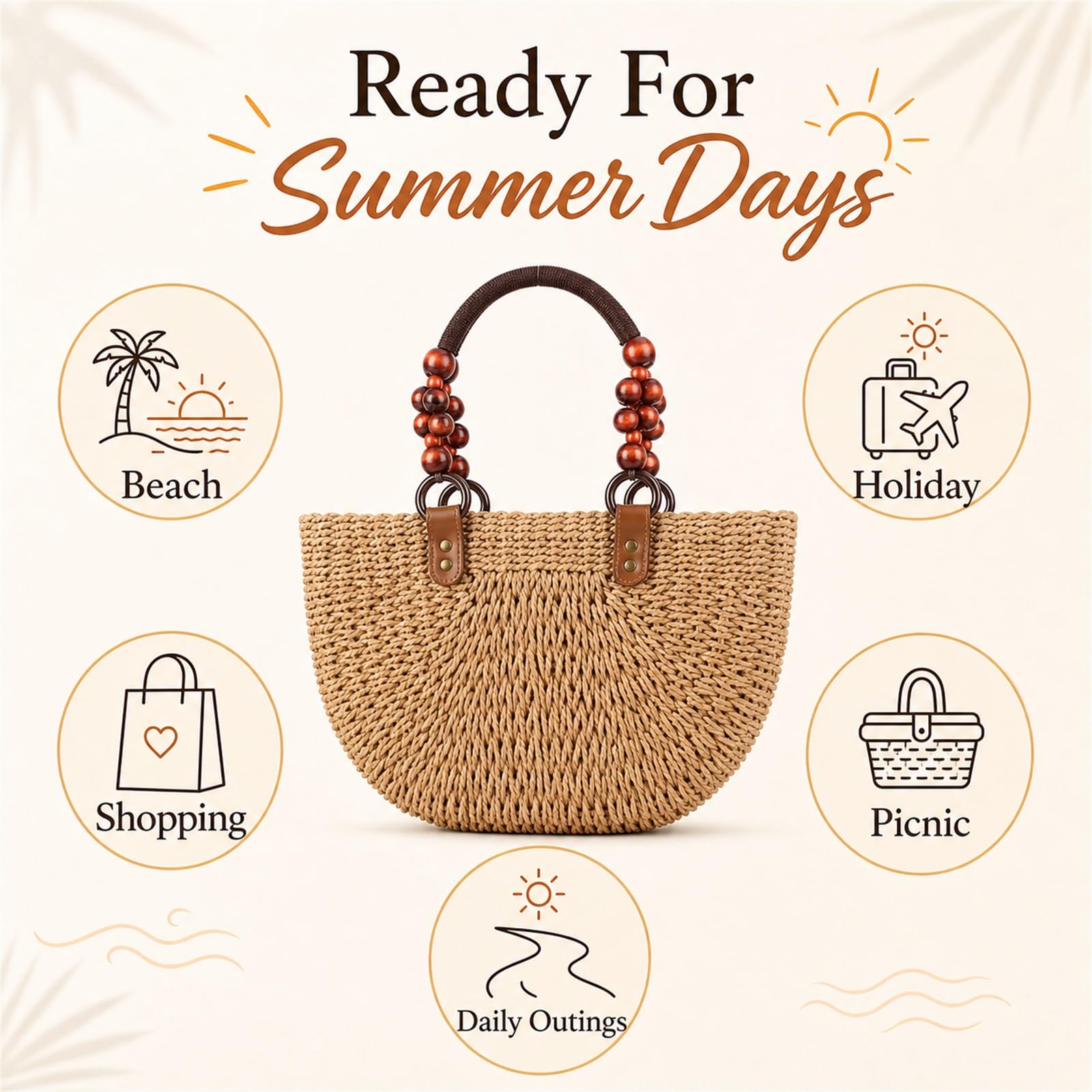 Sac De Plages en Paille,Panier De Plages en Osier,Panier De Plages en Paille,Sac Cabas en Paille,Sac De Shopping Tressé,Sac De Plages en Paille pour Femme Grande Capacité