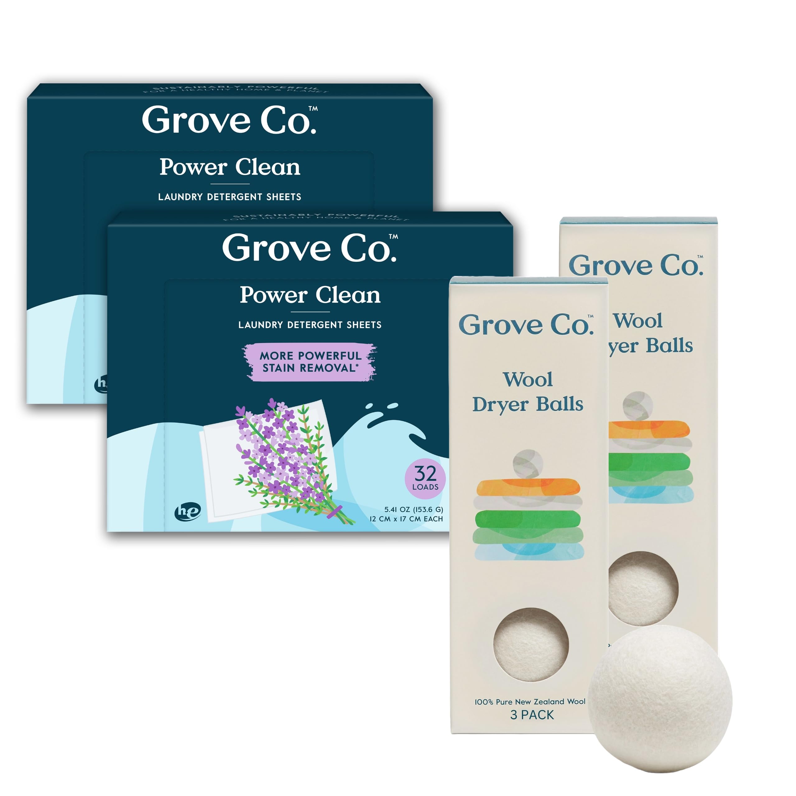 Grove Co.Laundry Detergent Sheets and Laundry Balls Bundle, Dissolving Washer Sheets (2 Pack - 64 Loads), Lavender Blossom & Thyme, 100% Wool Dryer Balls (2 Pack - 6 Balls), Unscented
