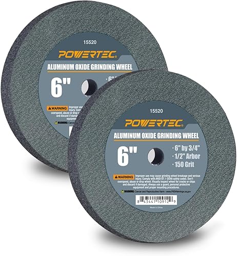 POWERTEC 15535 Muelas abrasivas de banco de óxido de aluminio de 6 "x 34" con eje de 12 pulgada, 60 y 150 granos surtidos y muela abrasiva de