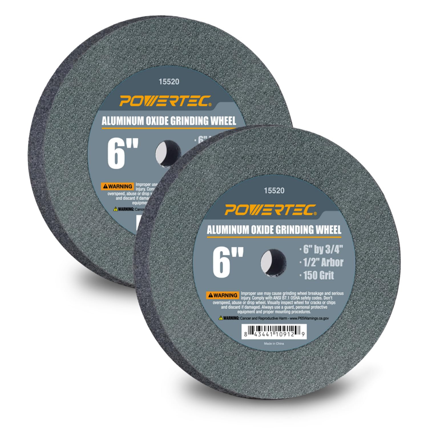POWERTEC Bench Grinder Wheel 6 Inch 150 Grit, Aluminum Oxide Grinding Wheel for Bench Pedestal Grinder, 3/4" Thick 1/2" Arbor, Sharpening &amp; Shaping Drill Bits, Blade, and Chisel 2PK (15520-P2)