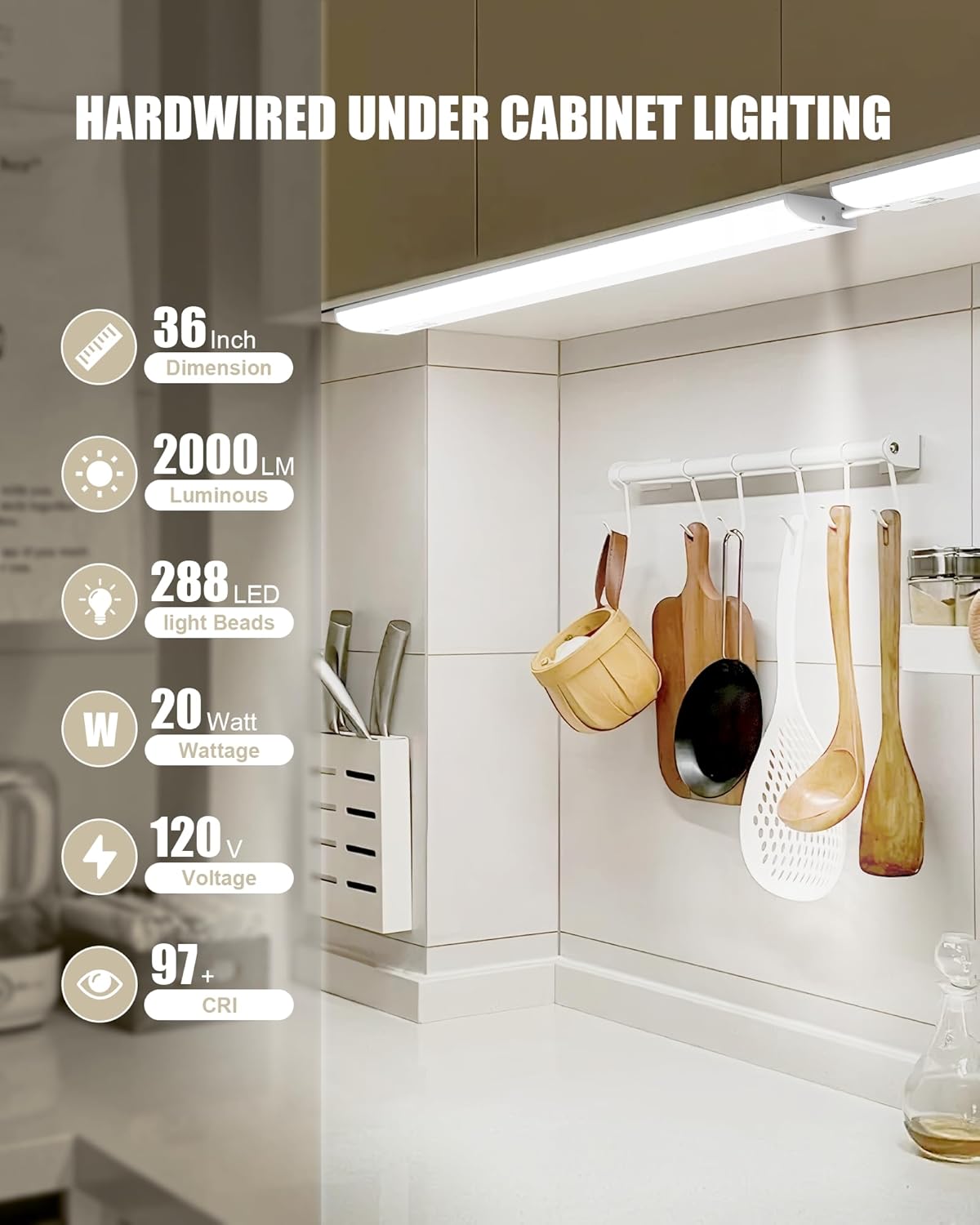 Under Cabinet Lighting Hardwired & Plug-in, 36 inch 3CCT Dimmable Linkable Under Counter Lights for Kitchen,with Power Cord and Linked Cord, CRI 97, 120V,20W,2000Lm, White