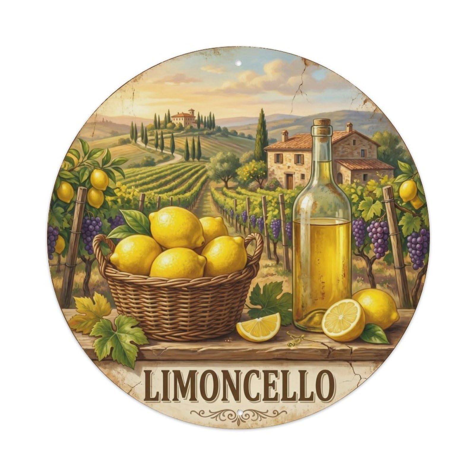 Fqcyn Style Classic Limoncello Vineyard Metal Tin Sign Plaque Wall Decor For Cafe, Club Bar, Office, Home Garden Round Metal Poster 8X8inch
