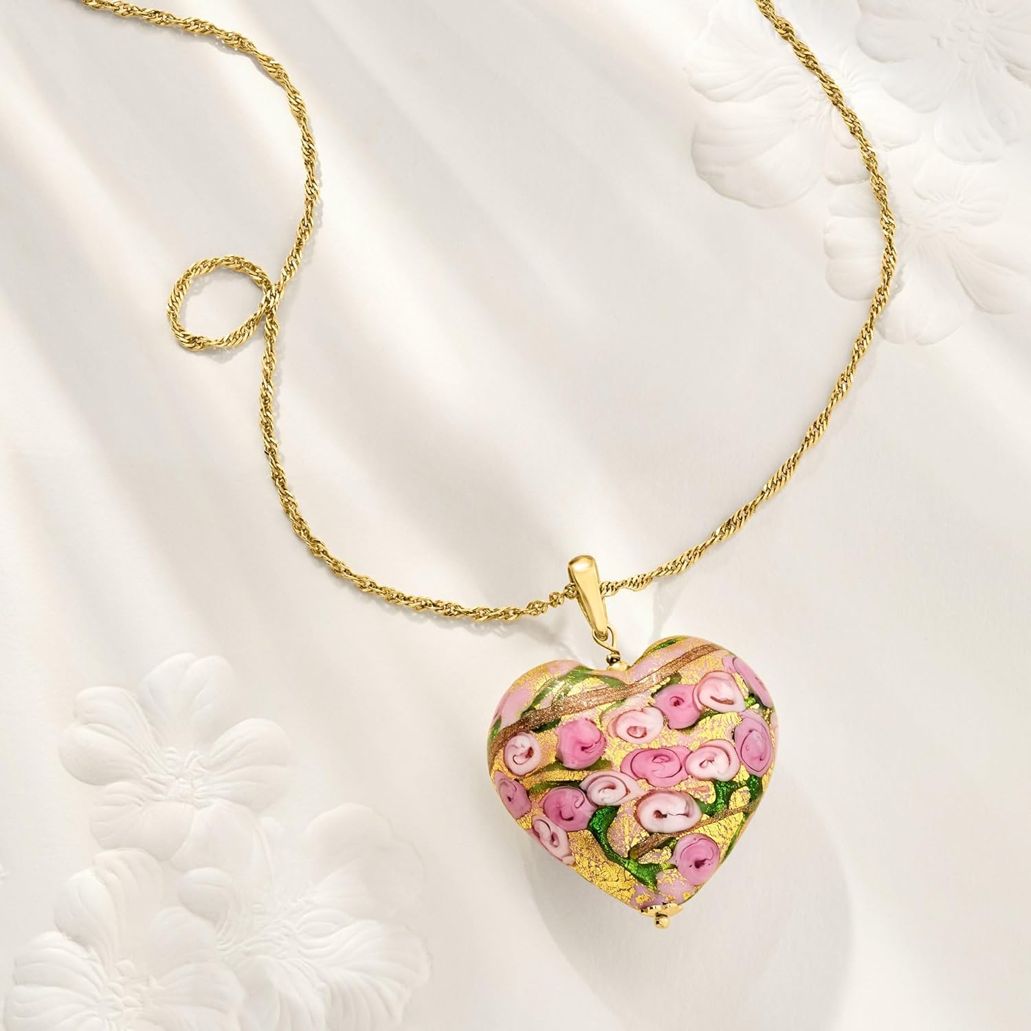 Ross-Simons Italian Multicolored Murano Glass Rose Heart Adjustable Pendant Necklace in 18kt Gold Over Sterling