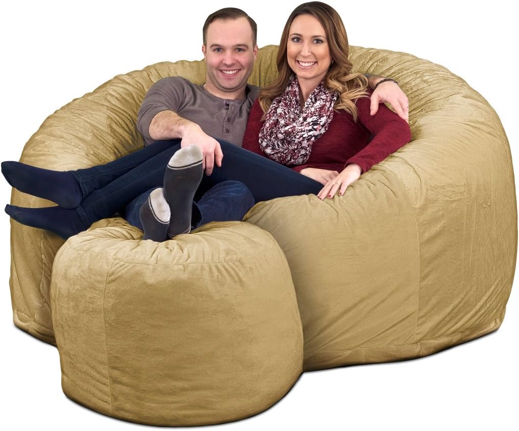 ULTIMATE SACK | 6 Ft Bean Bag Chair &Foot Stool | Camel Fur | Foam Filled - Removable Washable Cover