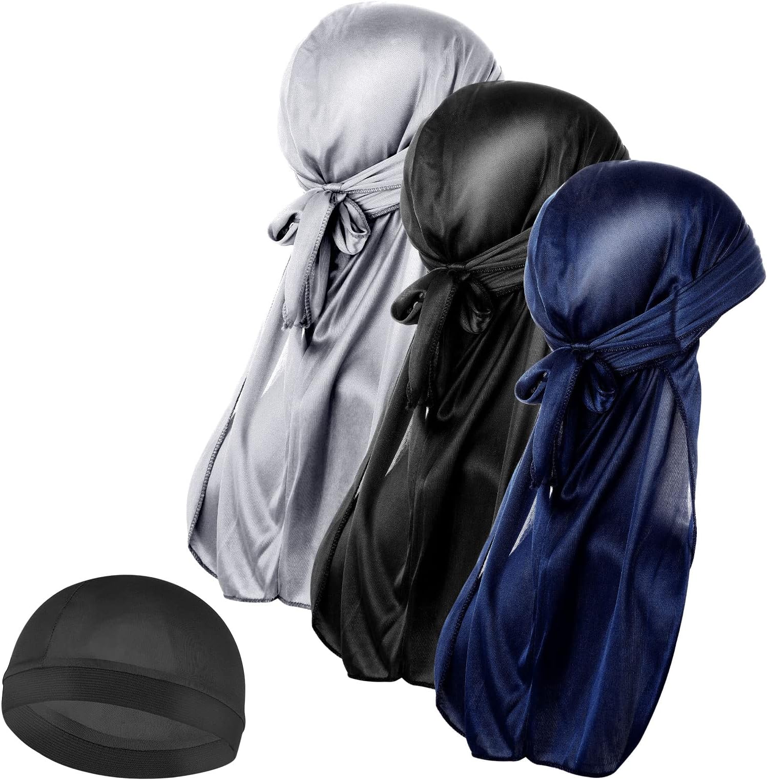 3 Pieces Silk Wave Cap and 1Pcs Silky Durag Caps with Long Tail Headwraps Elastic Durags Soft Breathable Silky Stocking Wave Hair Cap Perfect for 360/720 Waves