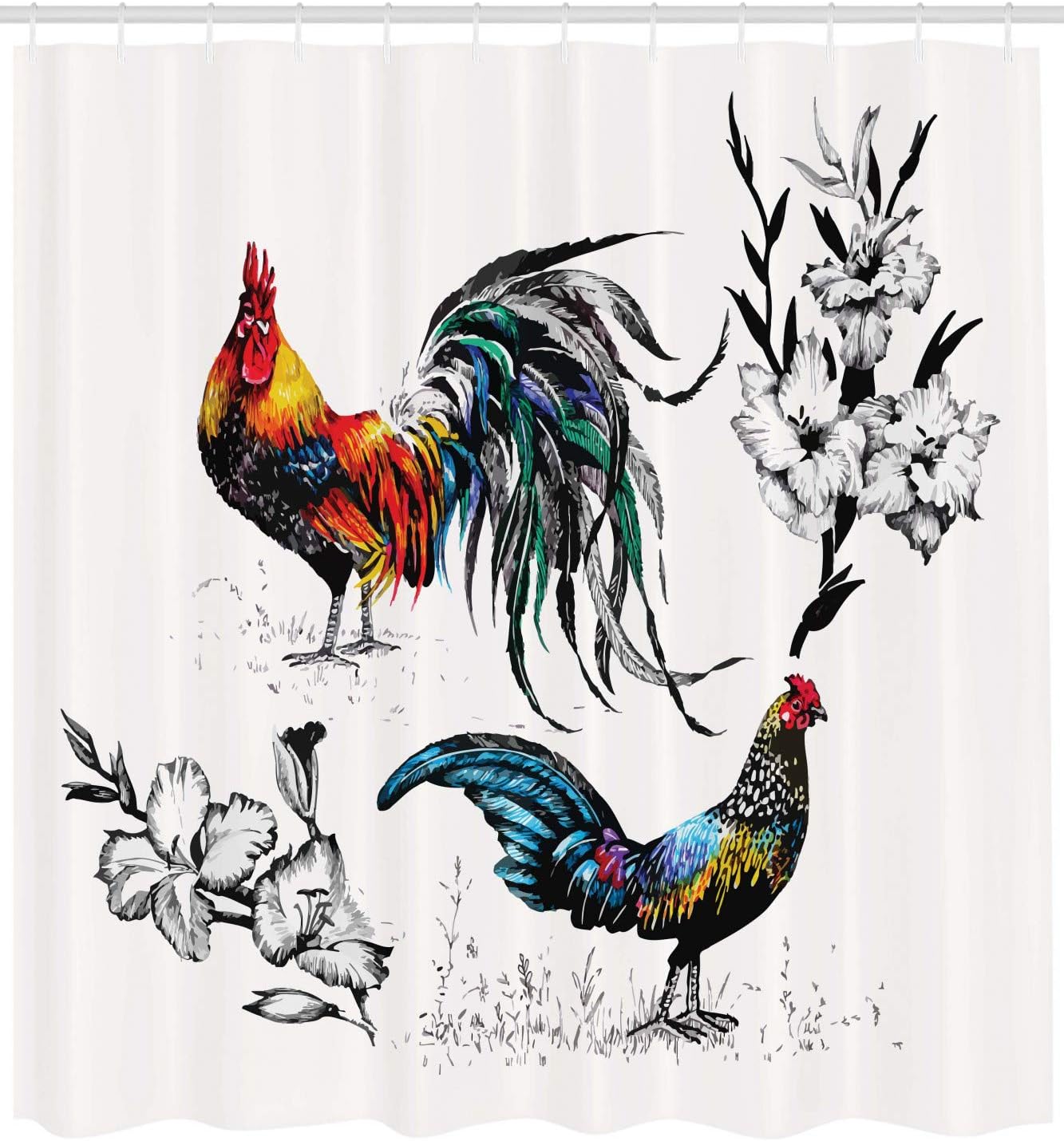 Ambesonne Gallus Shower Curtain, Roosters and Flowers Branches Stems Blooms Blossoms Grasses Wildflowers Artwork, Cloth Fabric Bathroom Decor Set with Hooks, 69" W x 70" L, Yellow Teal