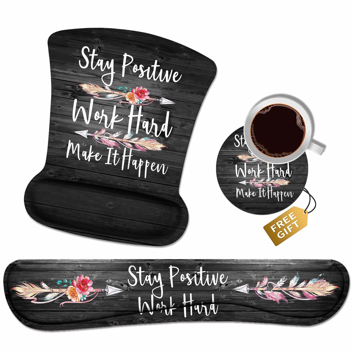 Mouse Pad Wrist Support and Keyboard Wrist Rest Set with Coasters, Stay Positive Work Hard and Make It Happen Inspirational Quote Wrist Mouse Pad with