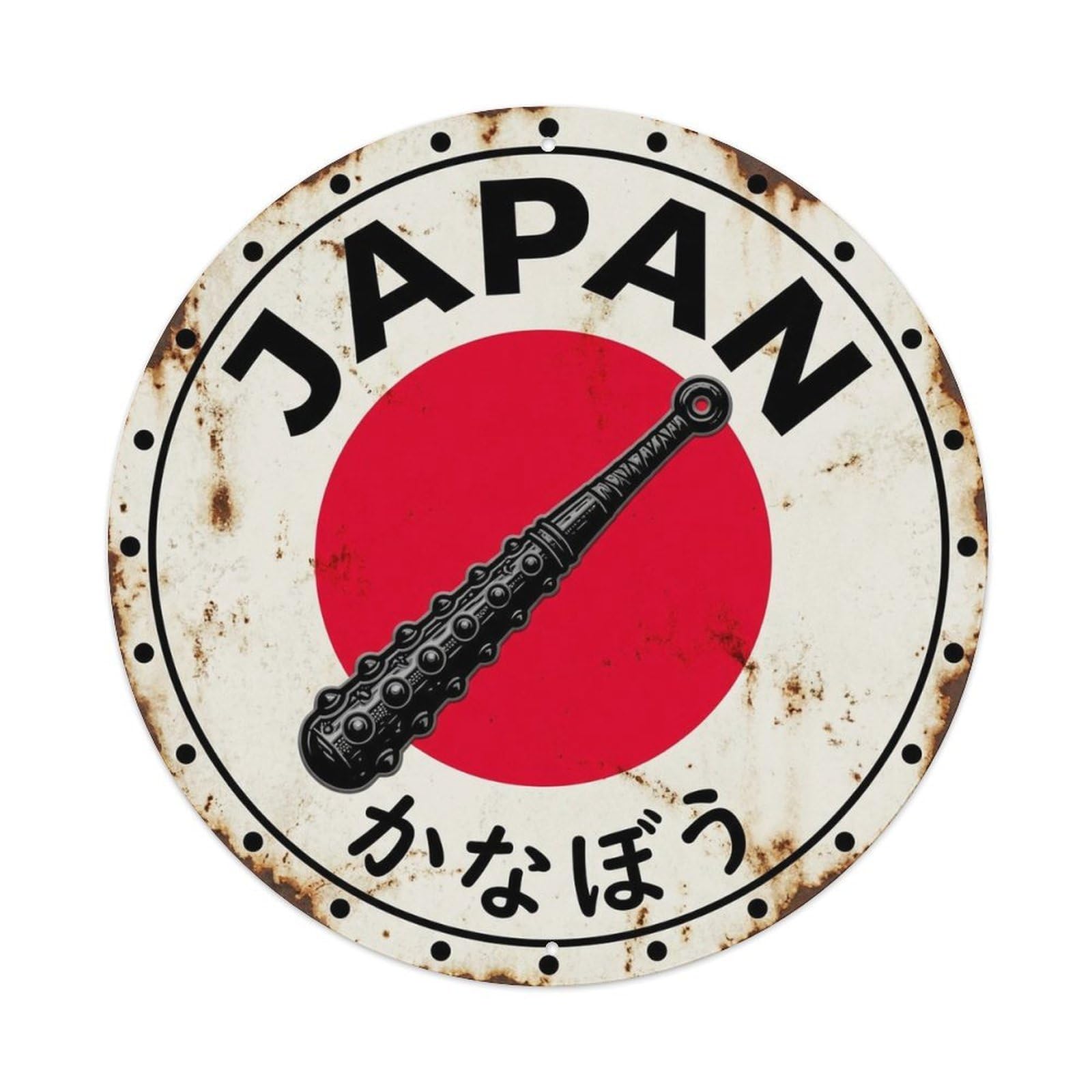 Kanabo Club Japan Iron Weapon Historic Craft Motif Metal Tin Sign Plaque Wall Decor for Cafe, Man Cave, Club Bar, Office, Home Garden Round Metal Poster 8x8Inch