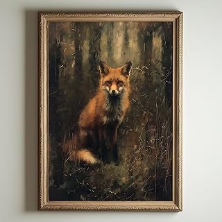 Vintage Fox Painting Forest Animal Canvas Wall Art Dark Academia Artwork...