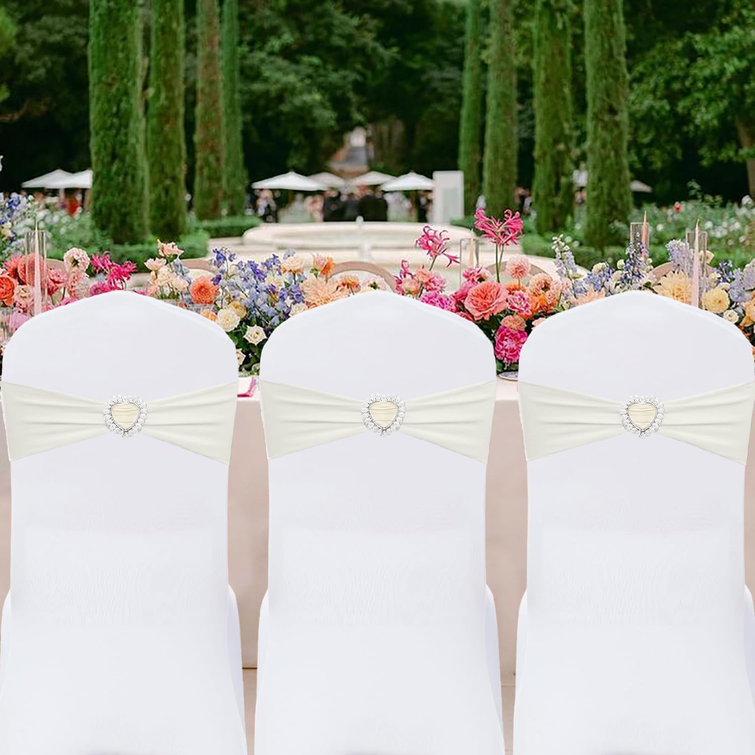 Spandex Ivory White Chair Sashes Bows 50 Pack Stretch Chair Cover Bands with Buckle Slider Elastic Chair Ties for Wedding Banquet Party Event Decoration