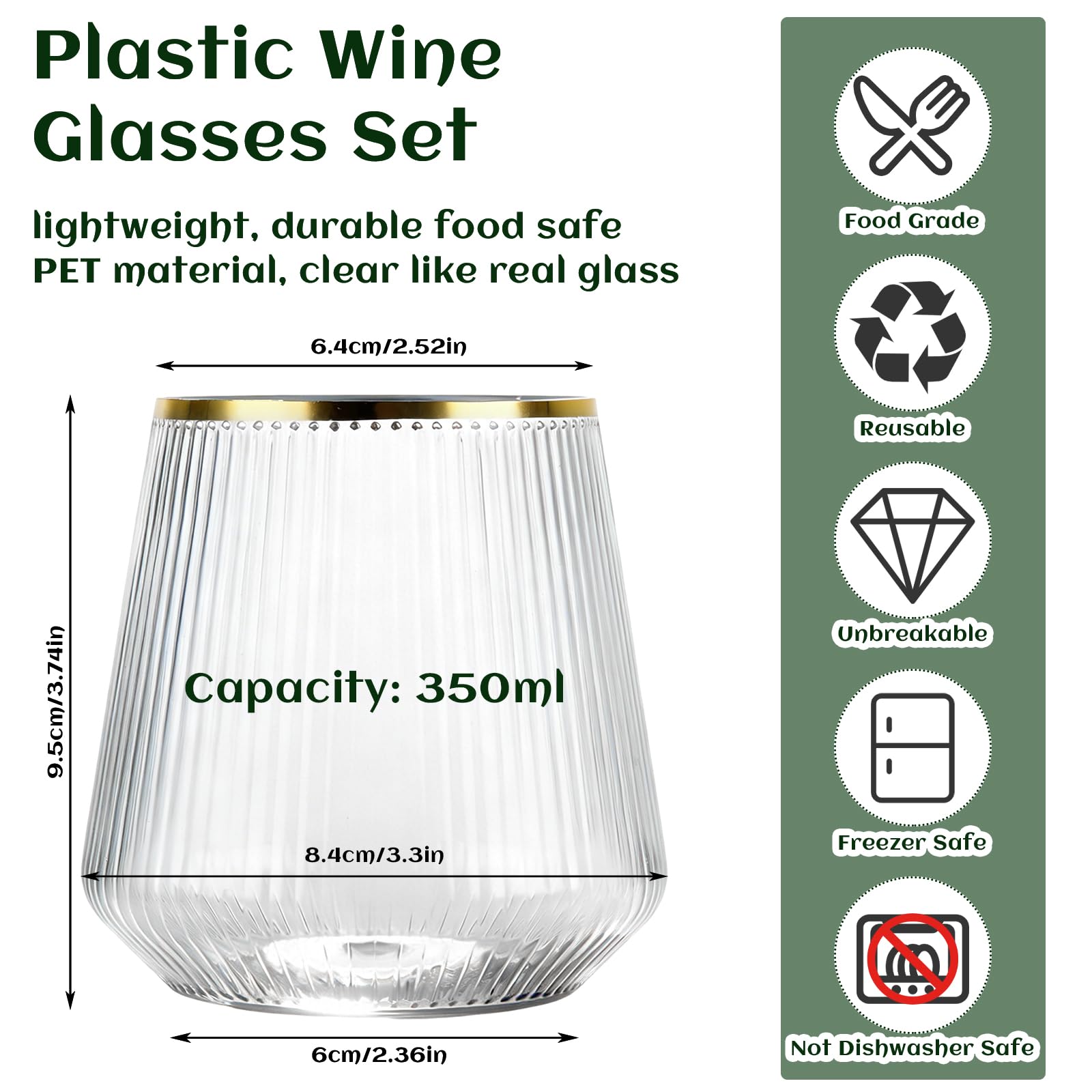 Lot de 24 verres à vin en plastique nervuré réutilisables sans pied – 350 ml – Verres en plastique réutilisables pour fête, mariage, pique-nique en plein air