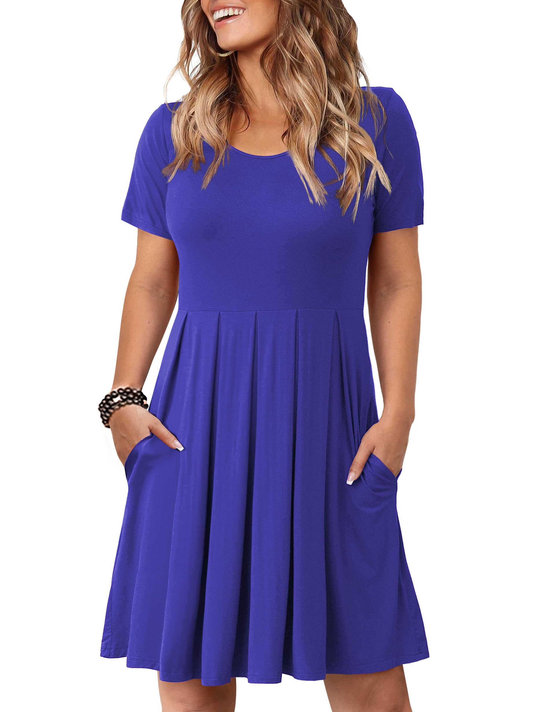 Tralilbee Women's Plus Size Short Sleeve Dress Casual Pleated Swing Dresses with Pockets