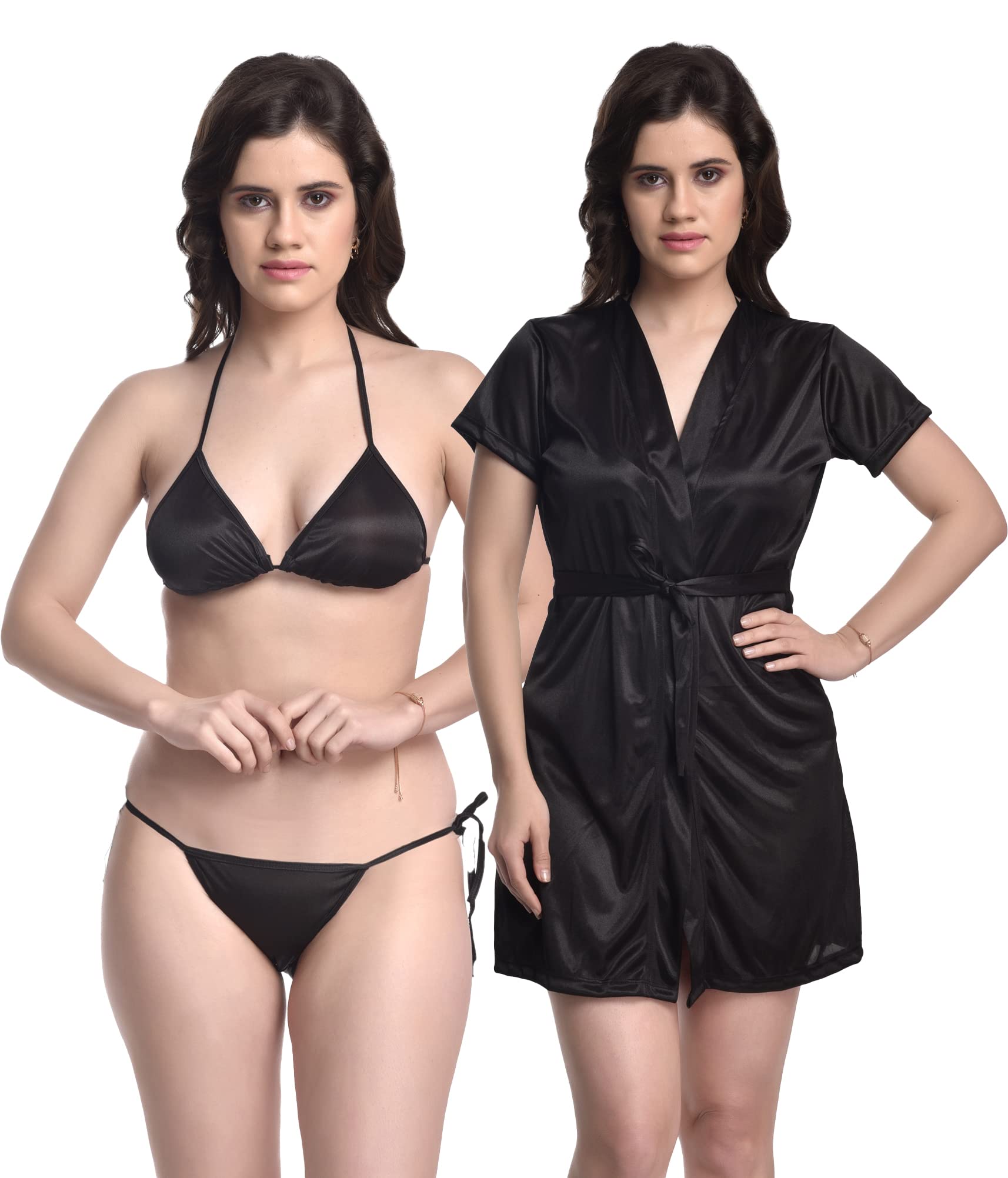 You ForeverWomen Satin Nightwear Robe With Lingerie Set (Black)