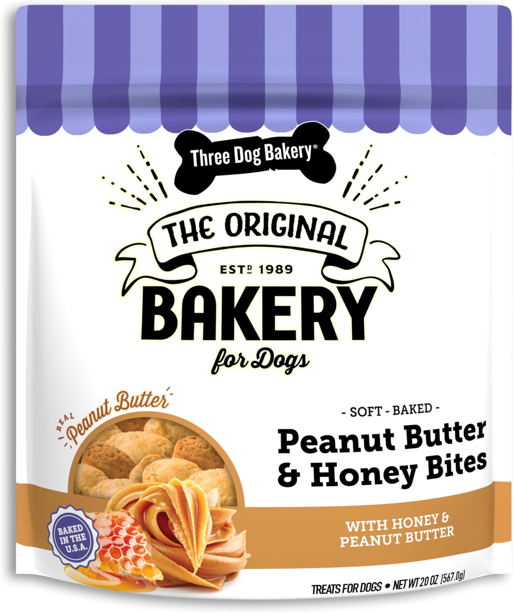 Three Dog Bakery Peanut Butter & Honey Bites, Mess-Free Snacks & Training Cookies for Dogs & Puppies, Human-Inspired