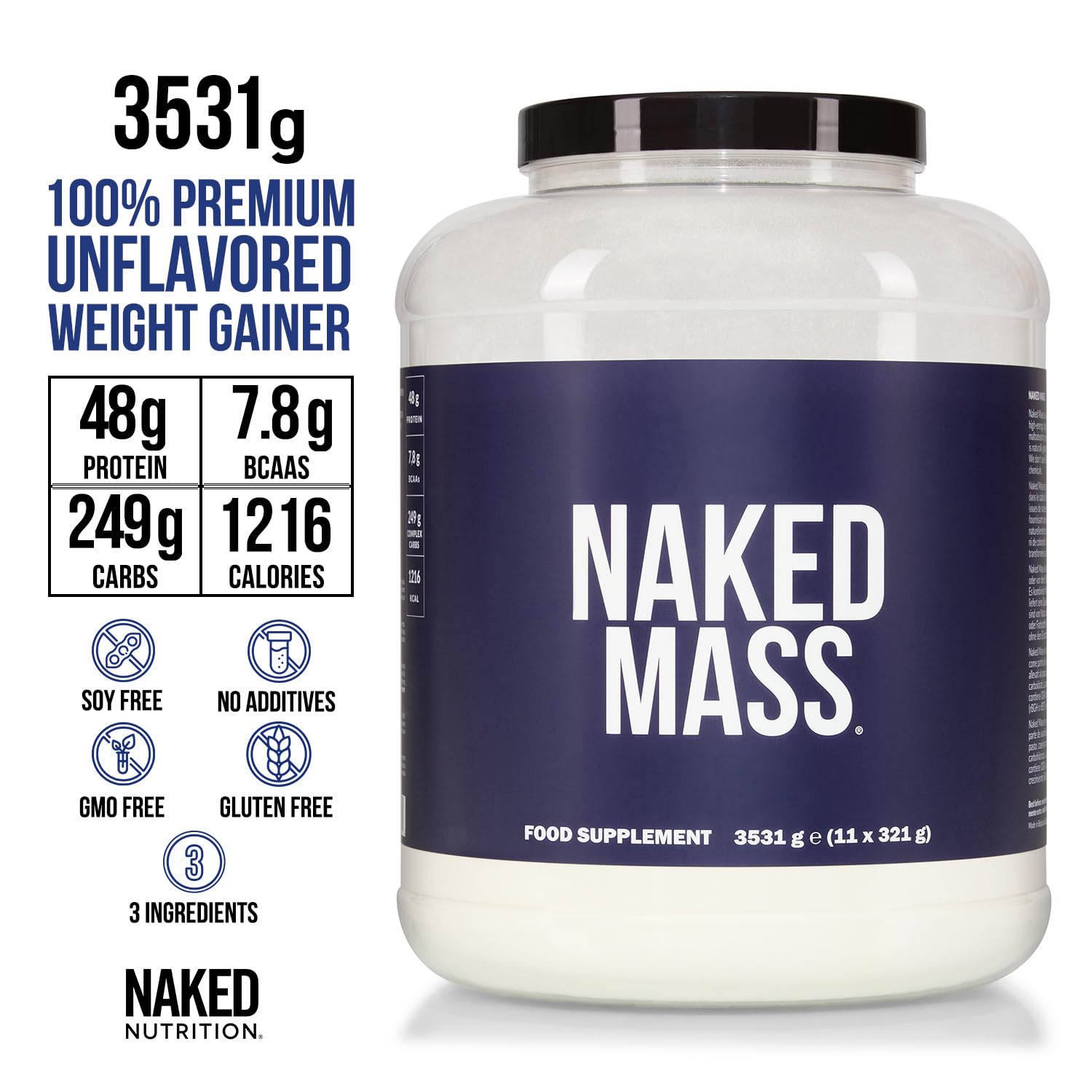 NAKED Mass – naturalny, bezsmakowy proszek białkowy na przyrost masy ciała - 3531 g - bez GMO, glutenu i soi. Nie zawiera sztucznych składników. 1216 kalorii w jednej porcji.