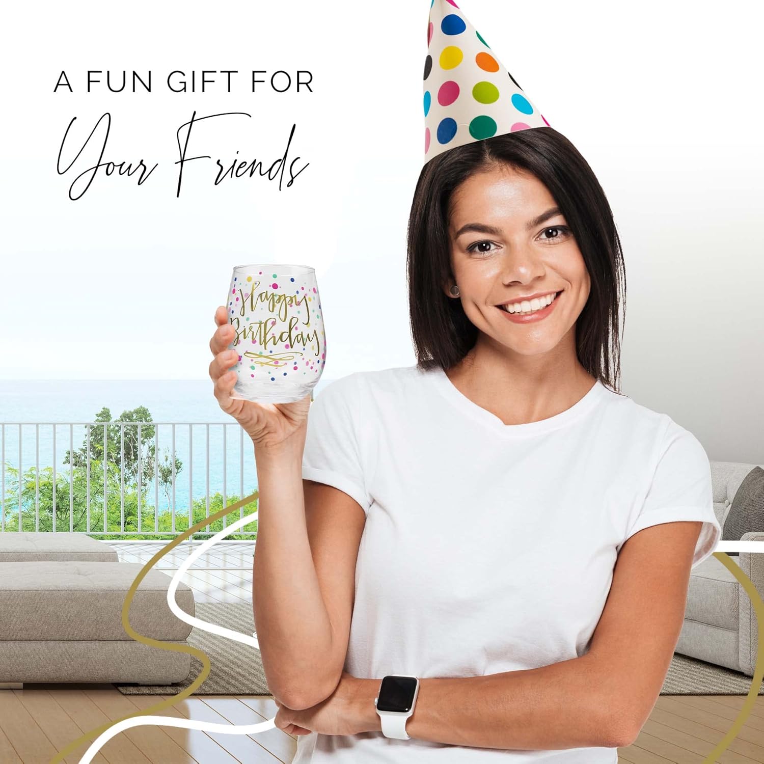 Your Dream Party Shop Happy Birthday Wine Glass, 22oz Stemless with Gold Print - Gift for Adults and Women, Happy Birthday Cups For Women - Image 4