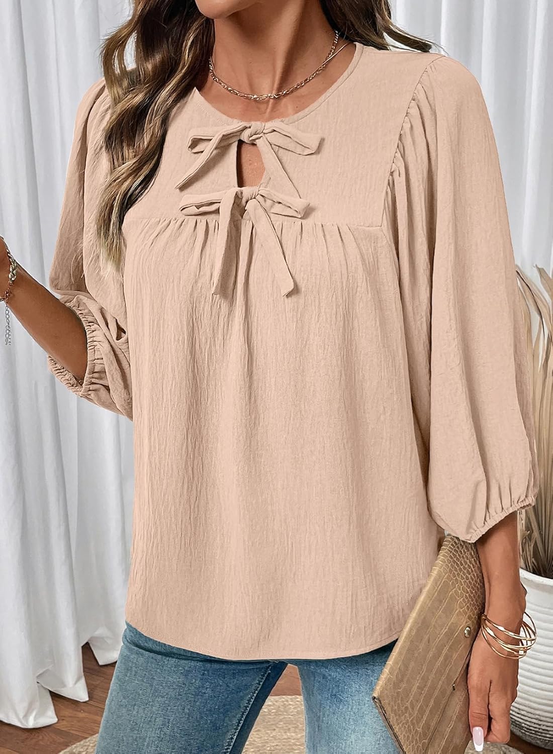 SHEWIN Womens Tops 3/4 Sleeves Blouse Babydoll Dressy Casual Top Elegant Bow Tie Loose Ladies Shirts 2026 - Image 2