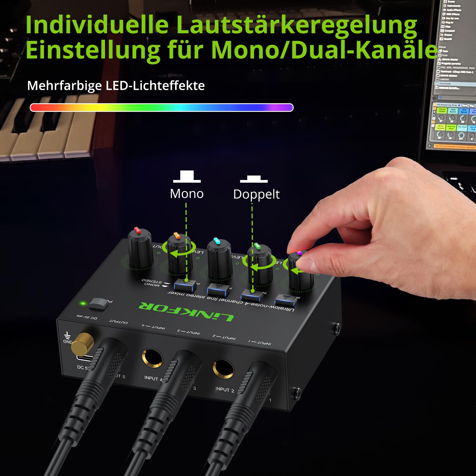 LiNKFOR 4 Kanal Stereo Audio Mixer, Ultra Niedriges Rauschen, Unabhängige Lautstärkeregelung, DC 5V Type-C Mini-Audiomischer mit Netzteil Audiokabel für Mikrofone, Gitarren, Bässe, Keyboards