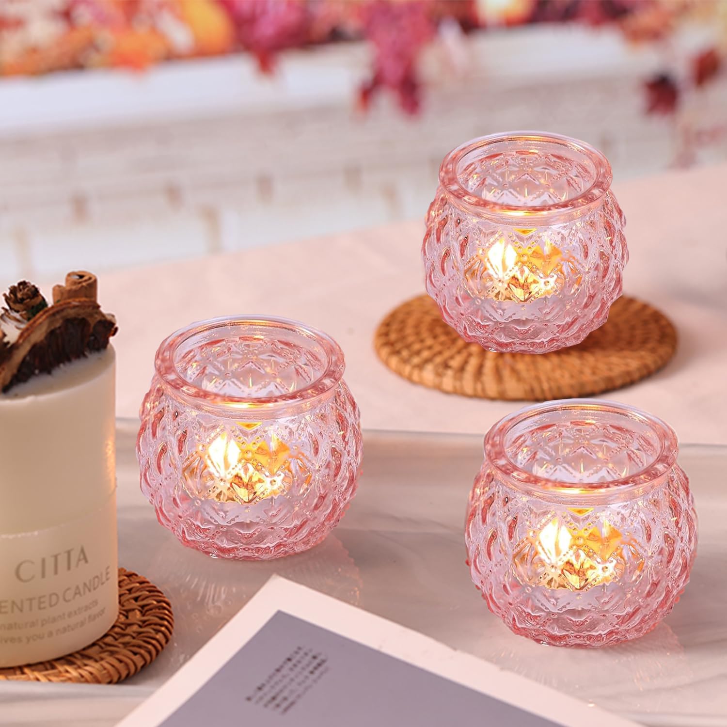 12Pcs Glass Tea Light Candle Holders, Pink Votive Candle Holders Tealight Holders for Table Centerpiece Wedding Home Decoration (Pink) - Image 3