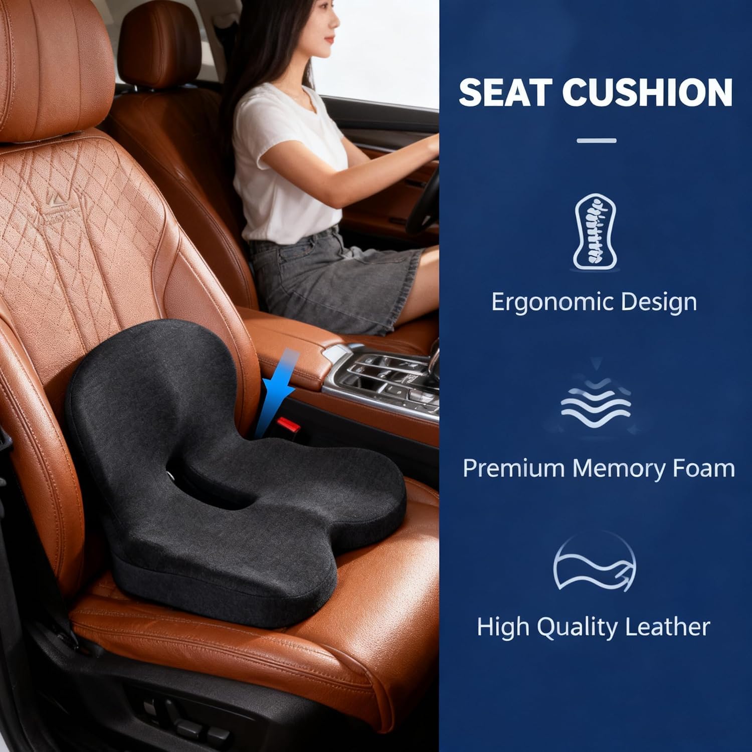 gresonic Cuscino per sedile in memory foam ad alta densità, design ergonomico per il massimo sollievo dal dolore alla schiena e alla sciatica (nero&grigio)