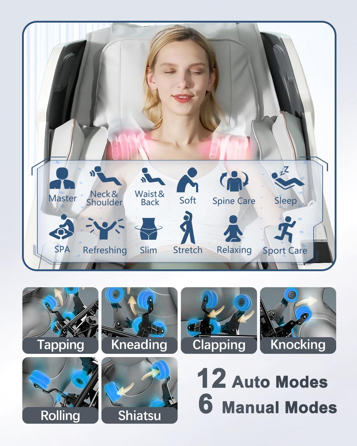 iBooMas Massage Chair Full Body, Body Scan Zero Gravity Massage Chair Recliner with SL-Track, Ajustable 12+6 Modes, Auto Extending Footrest, Foot Massage, App, AI Voice, Airbags, Heat(White+Grey)