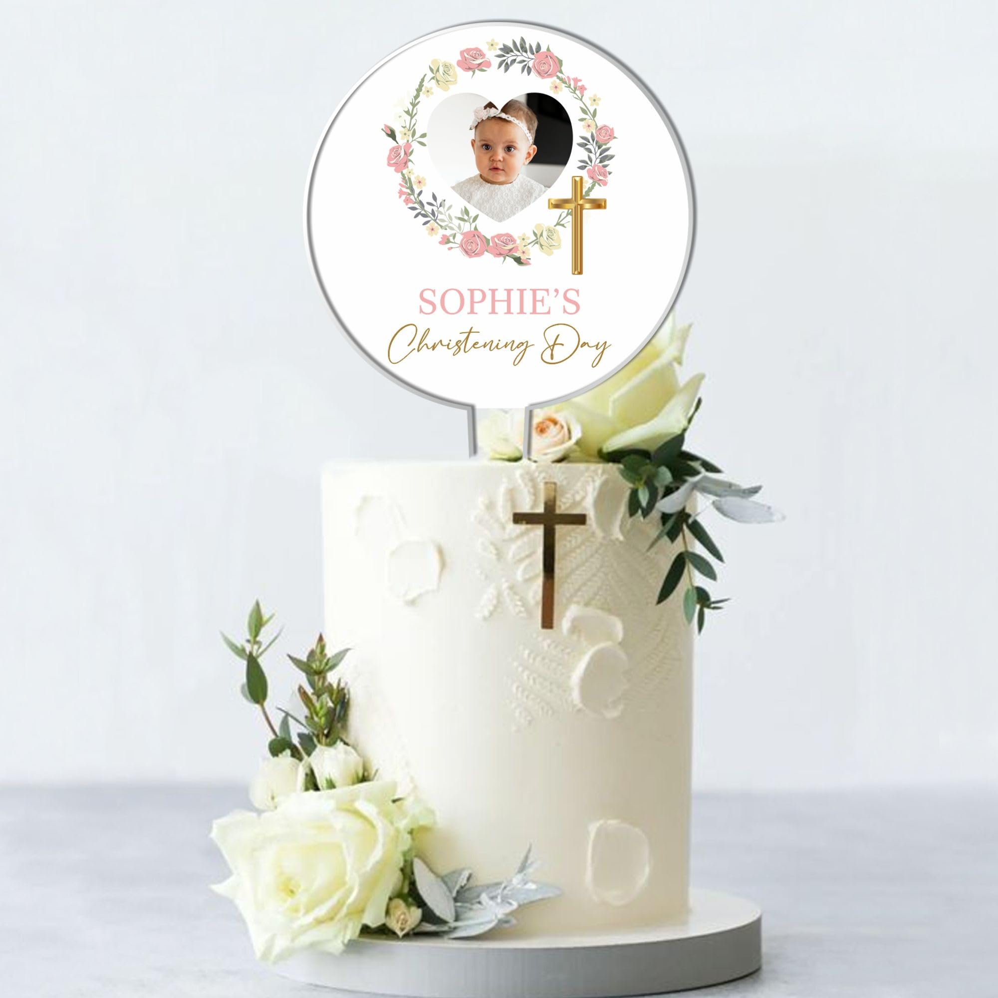 Personalised Photo Acrylic Cake Topper for Christenings, Holy Communions & Confirmations – Custom Child’s Name & Photo with Floral Wreath Designs (Christening Day, Pink Floral Wreath)