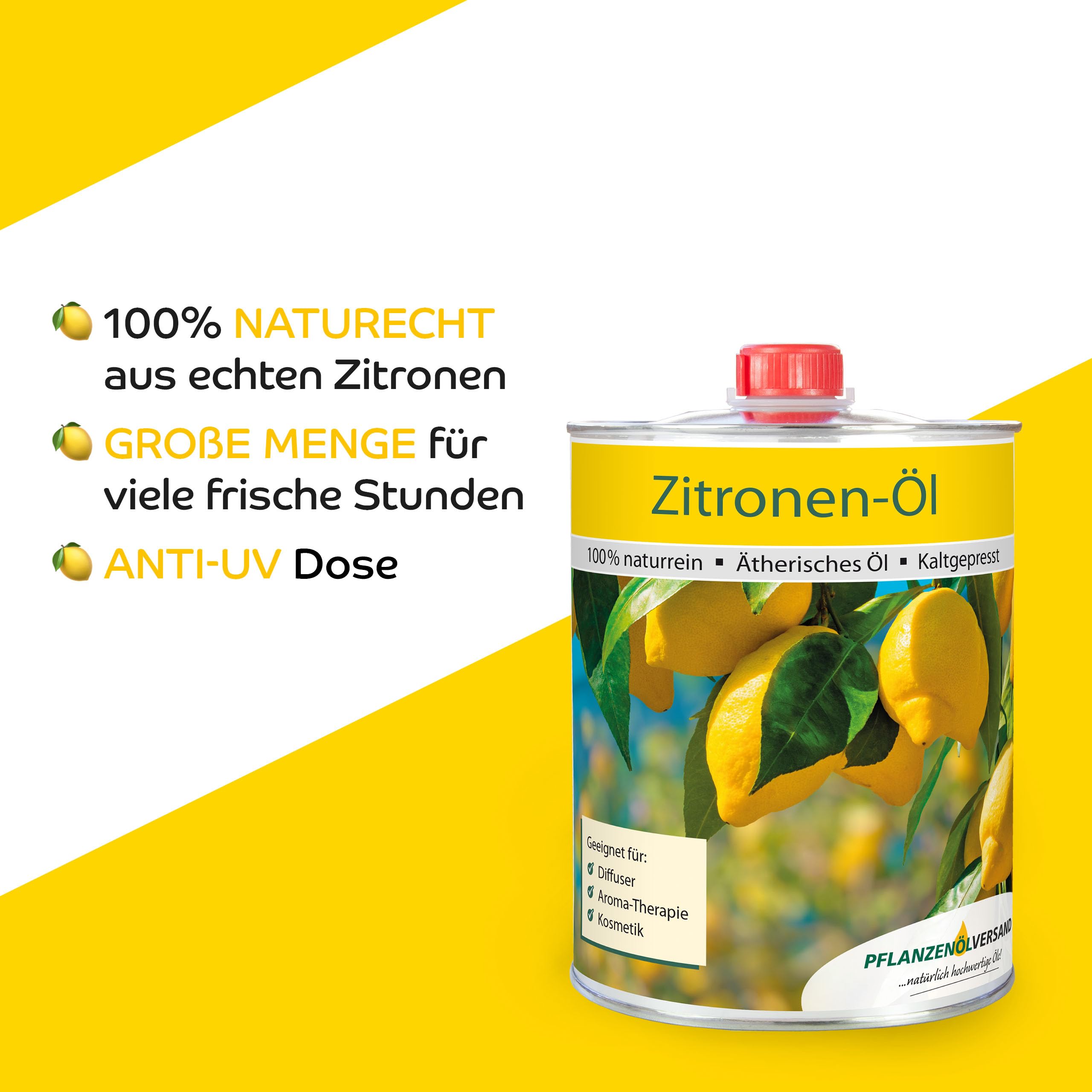 Zitronenöl 1.000 ml Duftöl für Diffuser, 100% naturreines ätherisches Öl | Raumduft, ohne Zusätze; für Diffuser, Duftlampe und Raumbeduftung