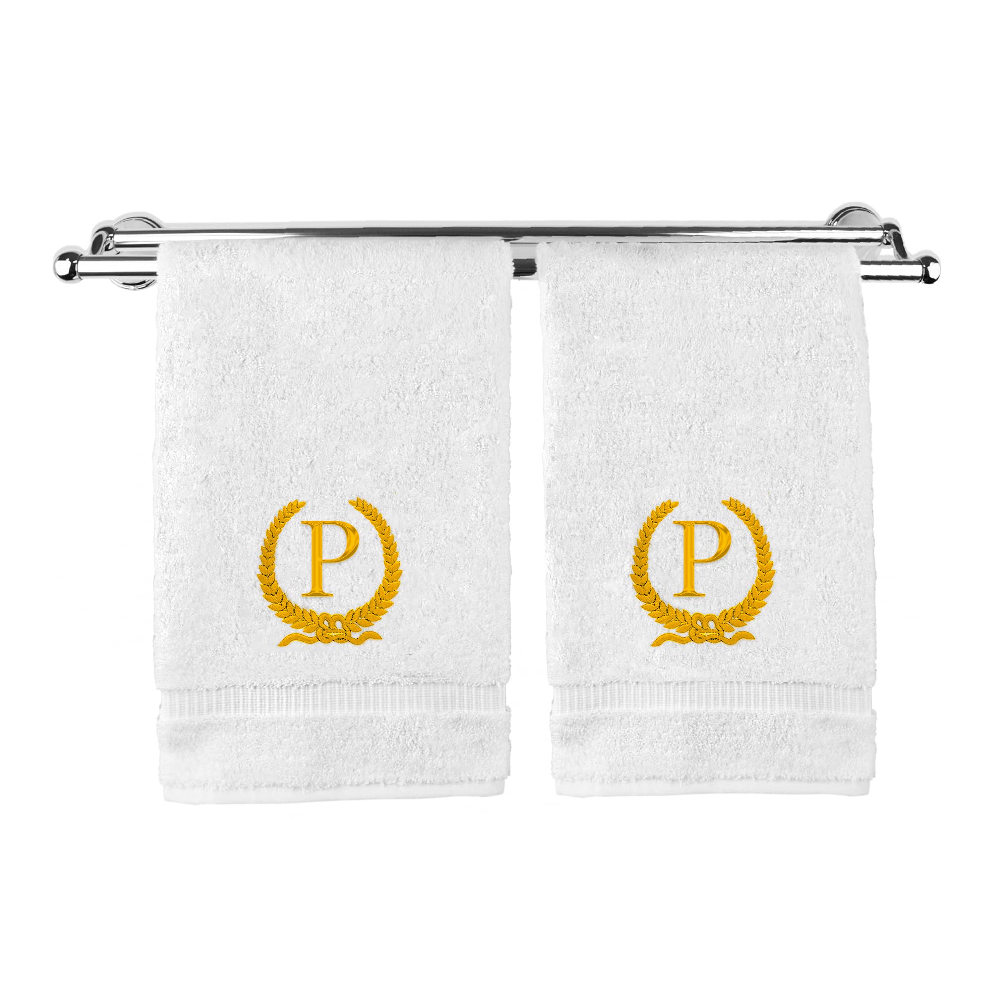 Monogrammed Hand Towel, Personalized Gift, 16 x 30 Inches - Gold Letter Embroidered with Wreath Design on White Towel - Extra Absorbent - 100% Turkish
