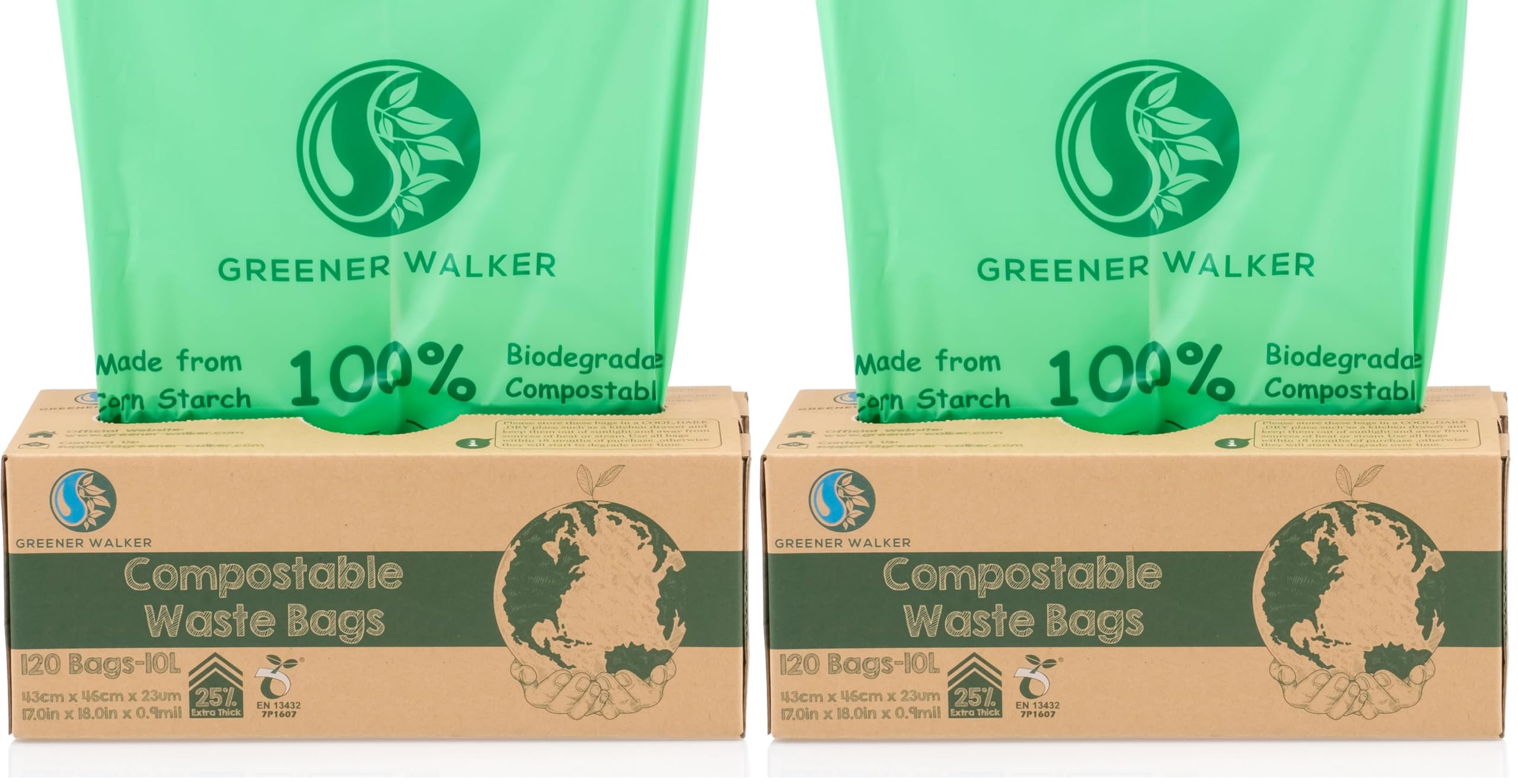 Greener Walker 25% Extra Dick Kompostierbare biologisch abbaubar Müllbeutel 6L/10L/30L Müllbeutel(10L-120 Müllsäcke) (Packung mit 2)