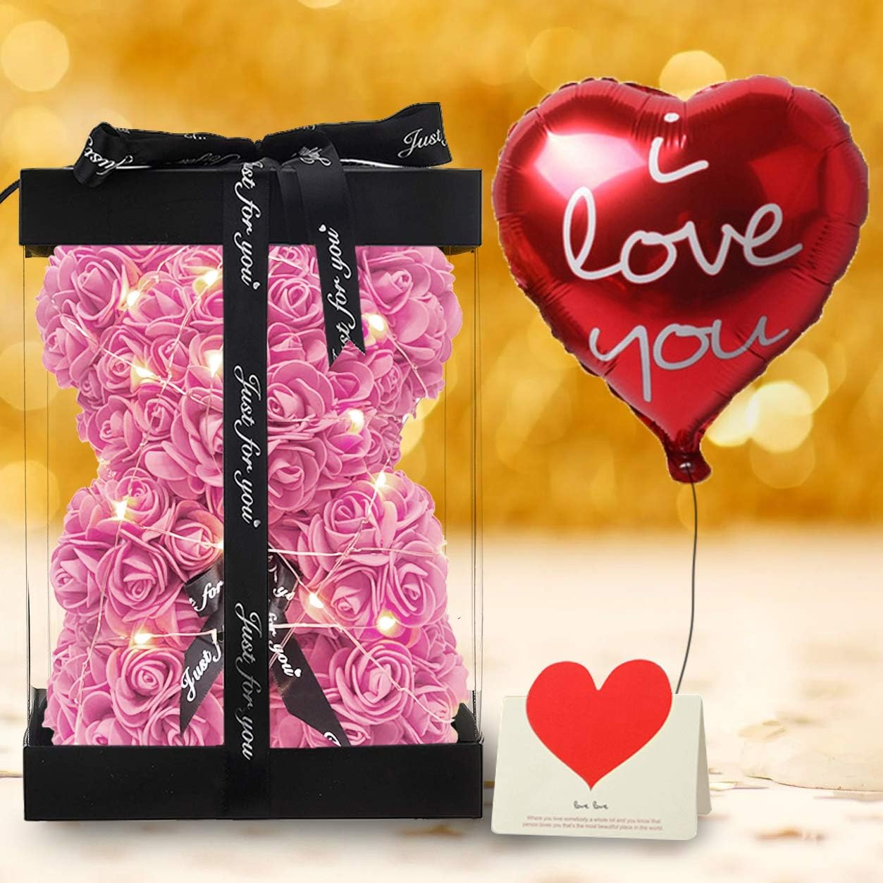 ATAKA Rose Teddy Bear Gifts for Mom Women Girlfriend, Clear Gift Box Perfect for Birthday Anniversary Christmas Valentines Day Mothers Day, Light Pink(10 inch)