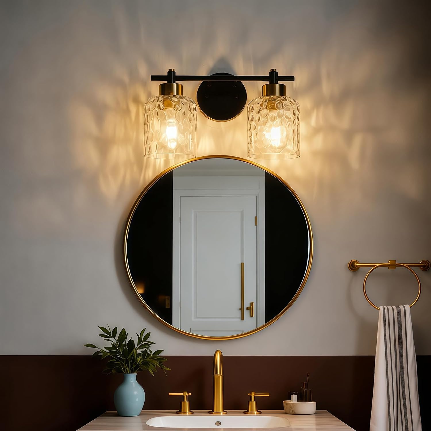 2 Light Black and Gold Vanity Light, Farmhouse Vanity Lighting Fixtures Over Mirror with Hammered Glass, Rustic Vanity Lights for Bathroom Lights Makeup Room