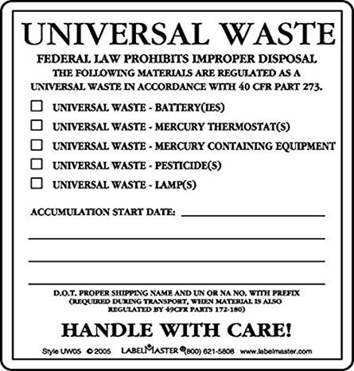 Labelmaster UW05 Universal Waste Label, PVCFree Film Stock