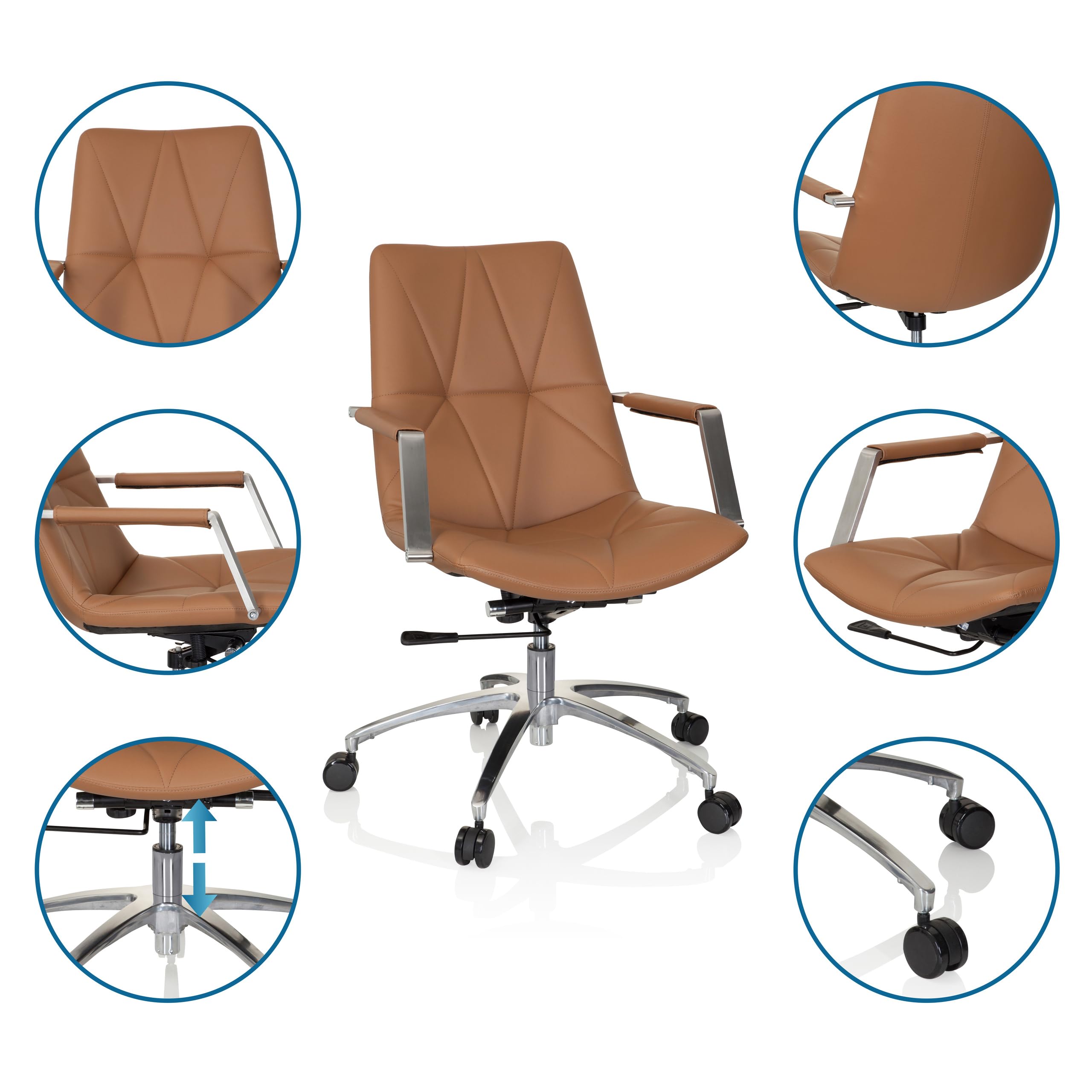hjh OFFICE 670980 Drehstuhl SARANTO II PU Braun Sessel im Retro-Look mit Rollen, höhenverstellbar, Kunstlederbezug