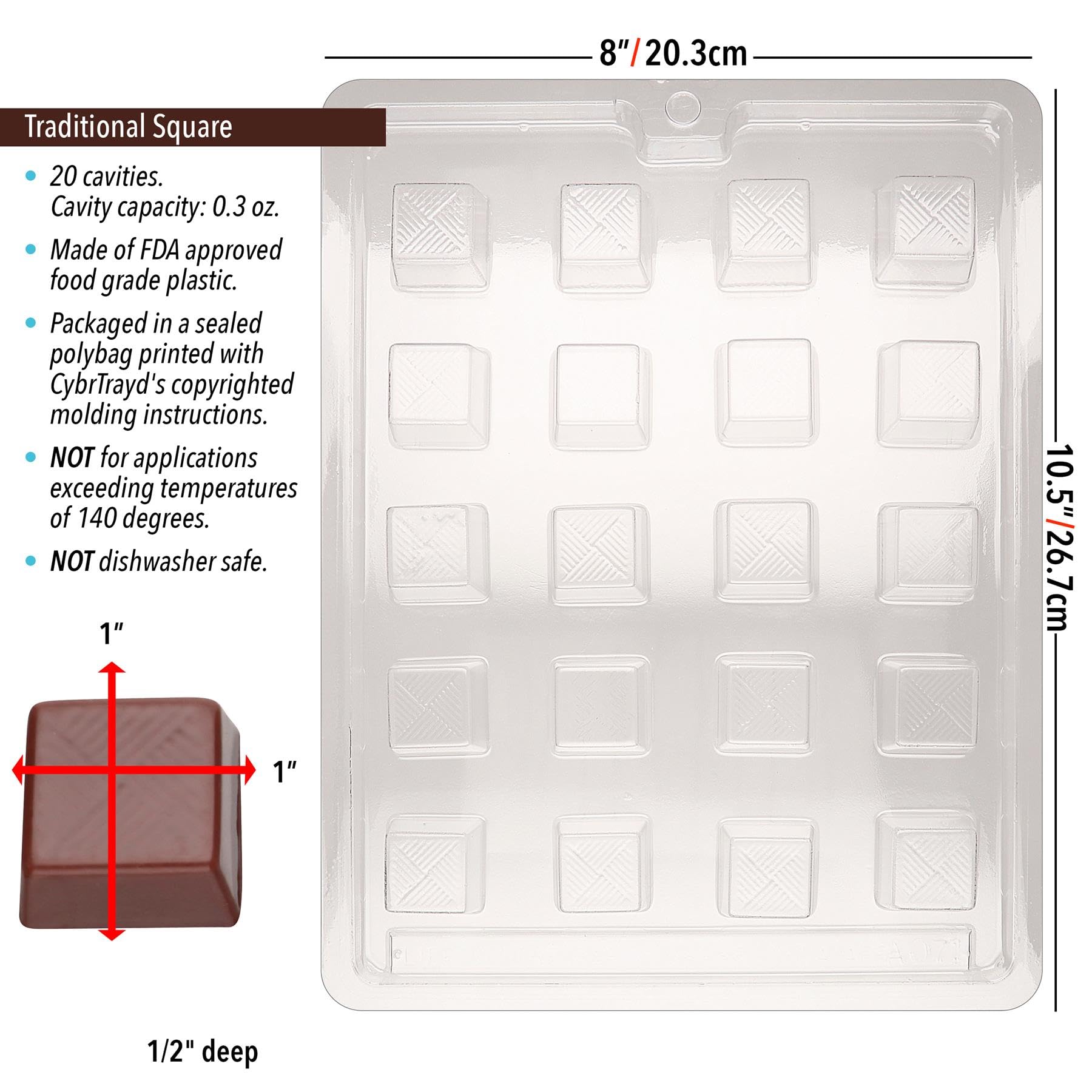 Cybrtrayd AO071 Traditional Square Chocolate Candy Mold with Exclusive Cybrtrayd Copyrighted Chocolate Molding Instructions by CybrTrayd