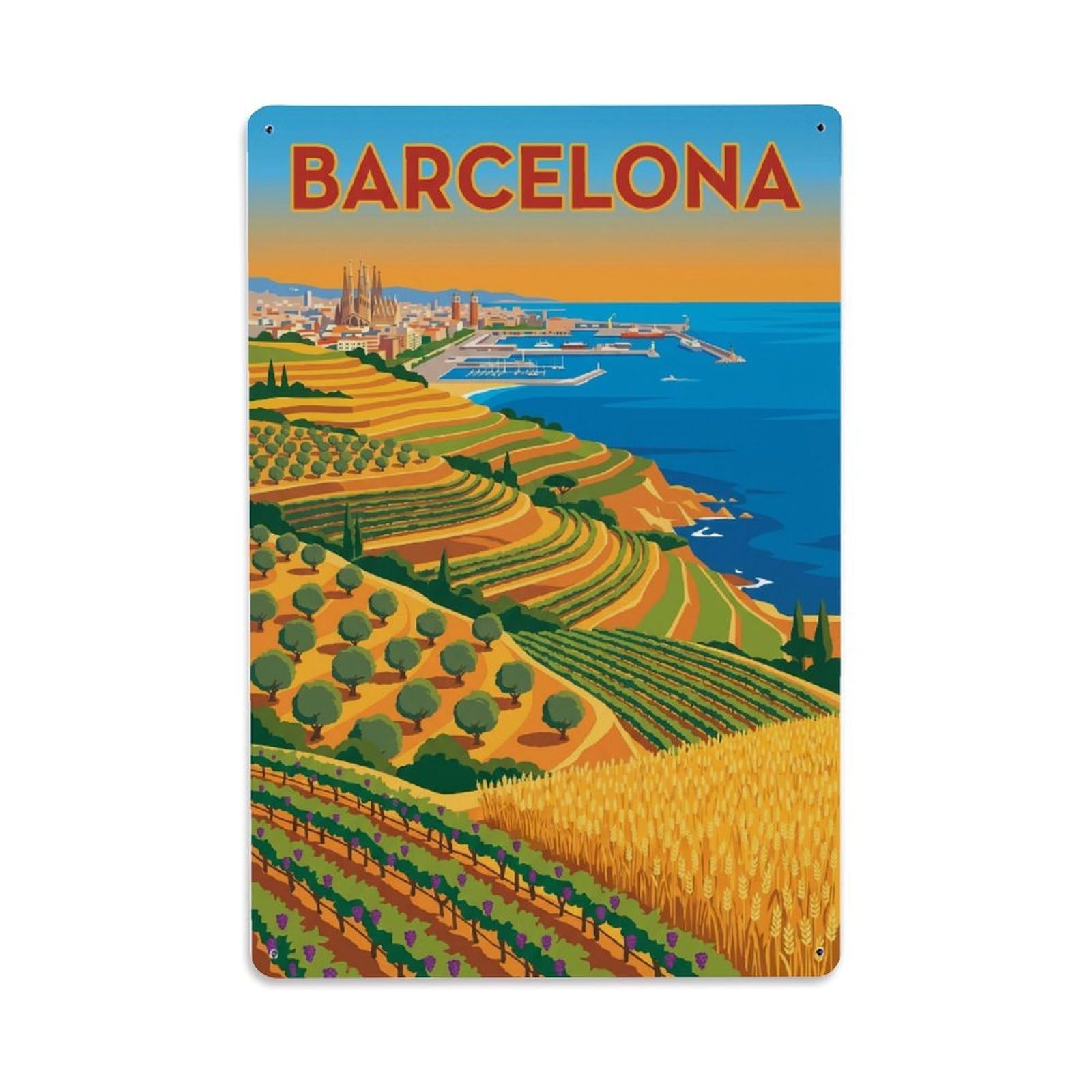 Vintage Travel Slope Spain Terraced Metal Tin Sign Plaque Wall Decor for Cafe, Club Bar, Office, Home Garden Metal Poster 8x12Inch