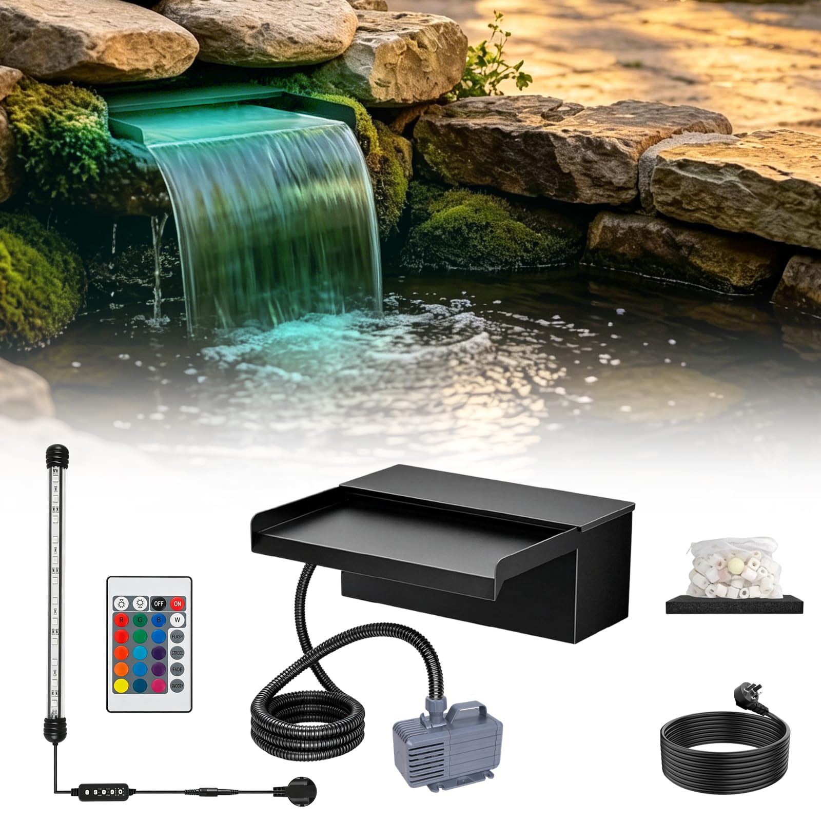 30cm Teichwasserfall-Set mit Pumpe, Licht, 3000L/H Edelstahl Wasserfall-Überlauf-Set mit 3 m Schlauch Wasserfallpumpe für Gartenteich, Hinterhof-Wasserspiele, Koiteich Wasserfall-Brunnen