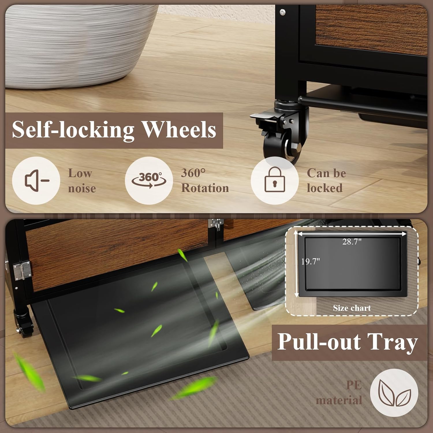 Close-up view of the Rovibek dog crate's self-locking wheels and the pull-out tray feature, with dimensions of the tray shown.