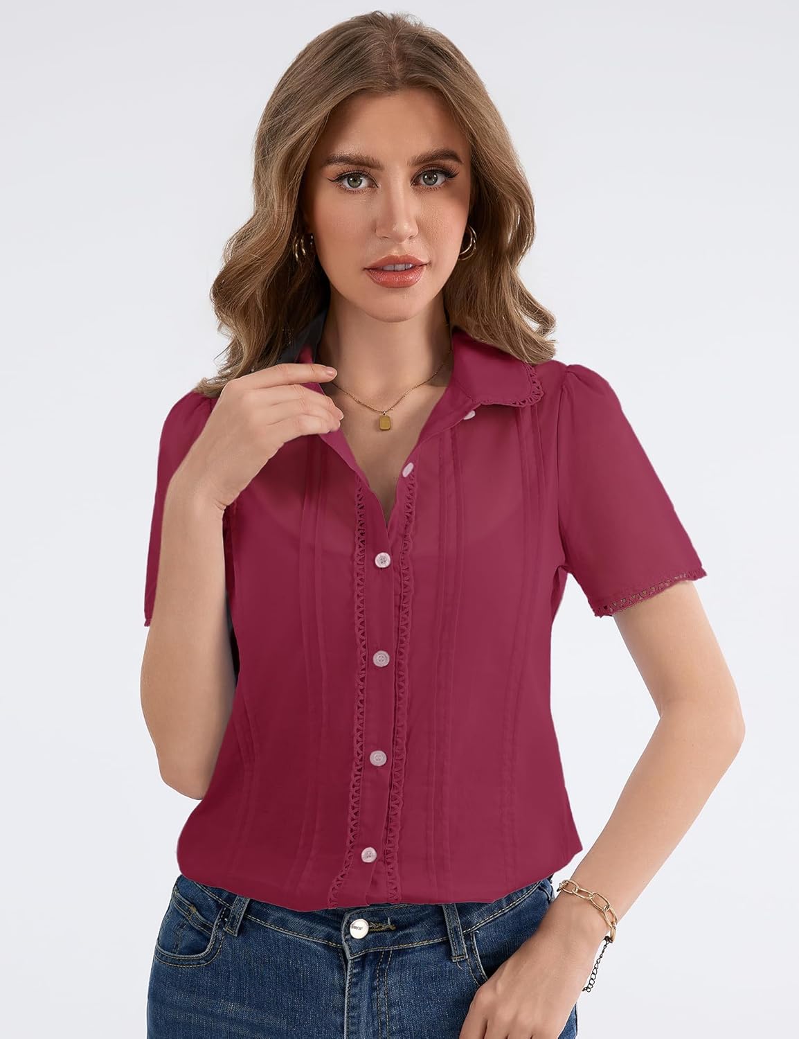 IECCP Button Down Shirts for Women Short Sleeve Lace Trim Sheer Cotton Blouses Spring Summer Tops Casual Clothing 2026 - Image 7